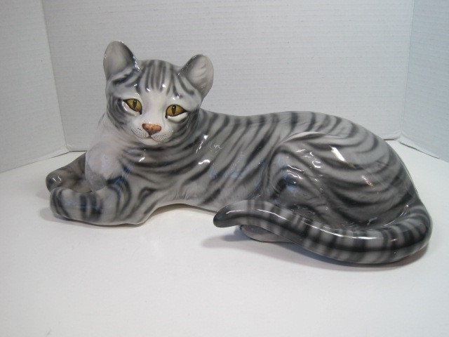 Large Vintage Mid 20th Century Ronzan Ceramic Gray Tabby Cat Italy Signed 16 Large Vintage Mid 20th Century Ronzan Ceramic Gray Tabby Cat Italy Signed 16