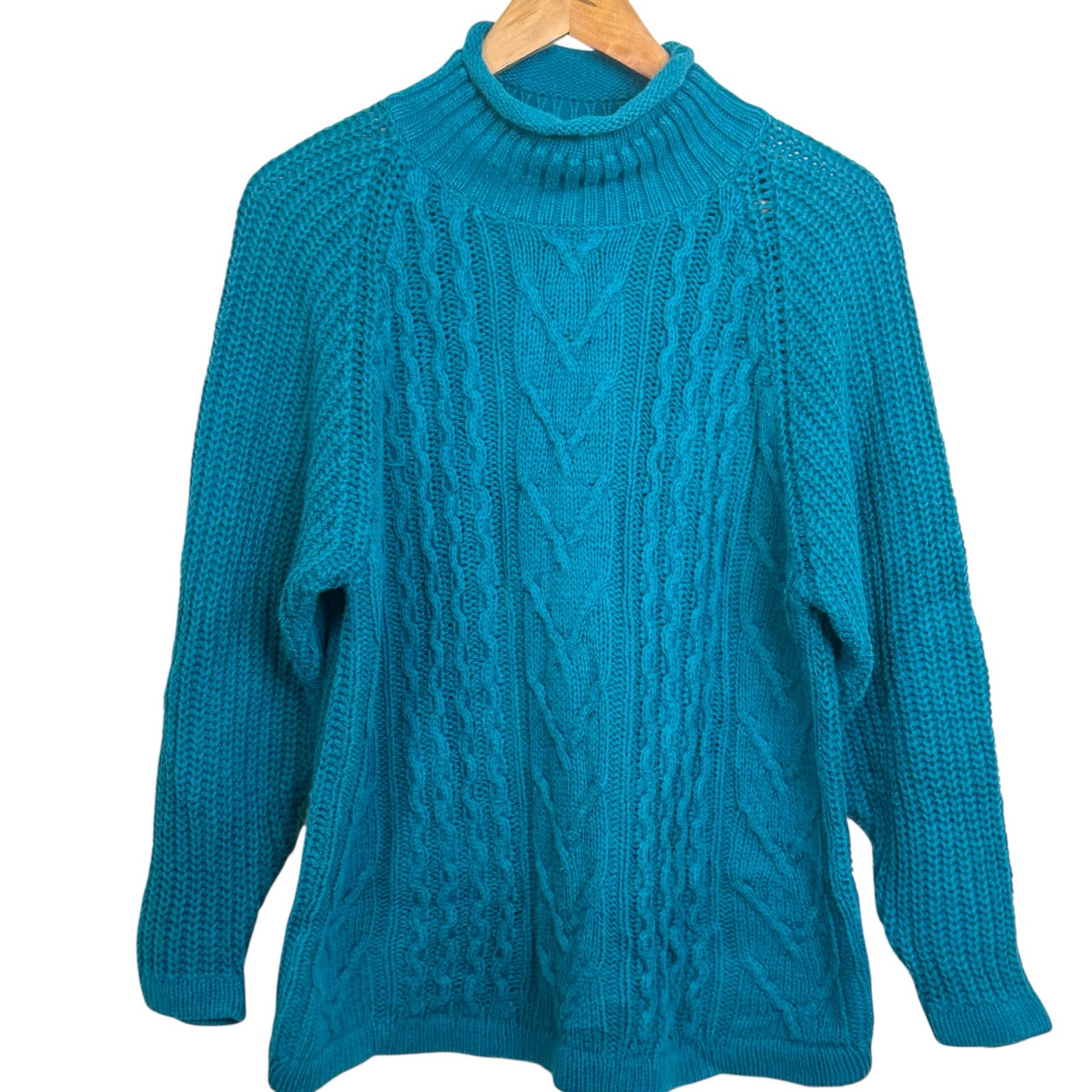 VTG 1980\'s Forenza Size Small Teal Cable Knit Roll Neck Pullover Shaker Sweater