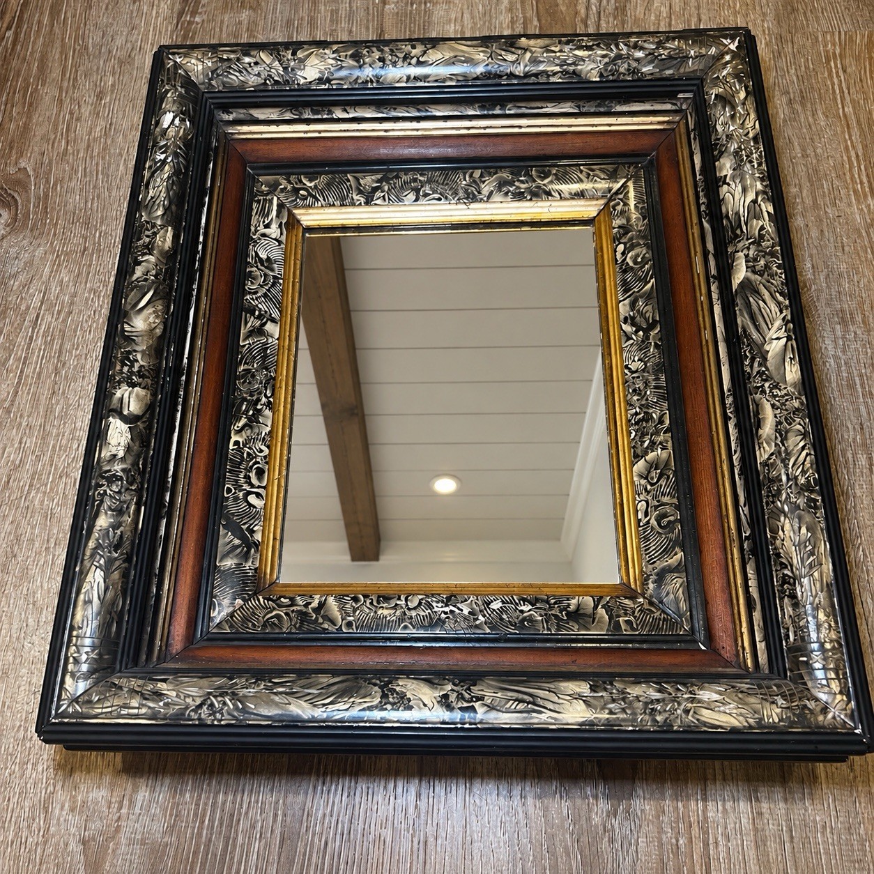 Vintage Eastlake Marbleized Painted Etched Wood Framed Shadow Box Mirror