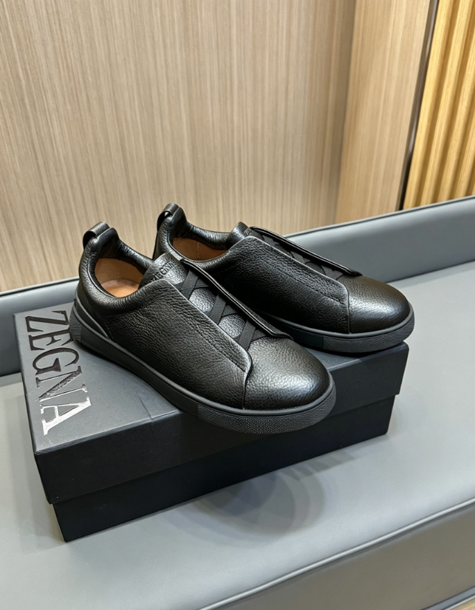 Zegna Triple Stitch All Black Grain Leather Slip On Men Casual Trainers