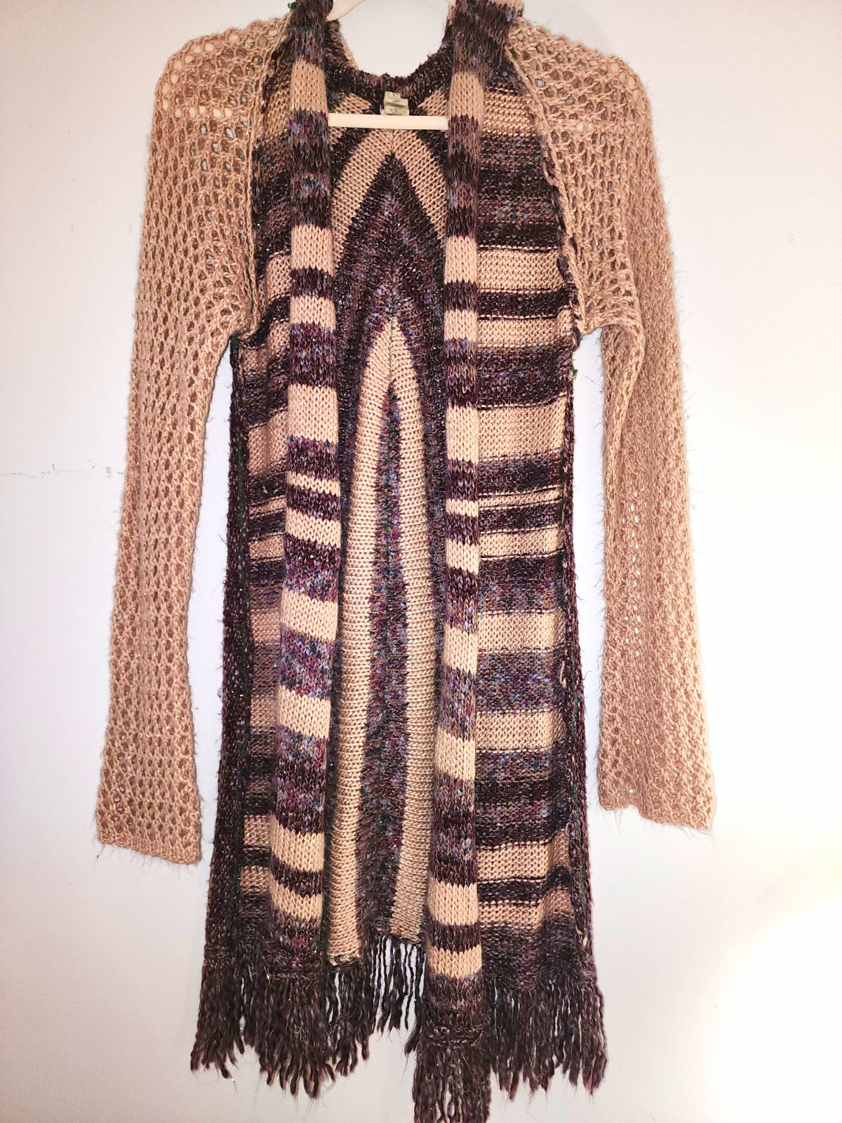 GIMMICK BY BKE Y2K Women\'s M Striped Open-Knit Fringe Cardigan Sweater GIMMICK BY BKE Y2K Women\'s M Striped Open-Knit Fringe Cardigan Sweater