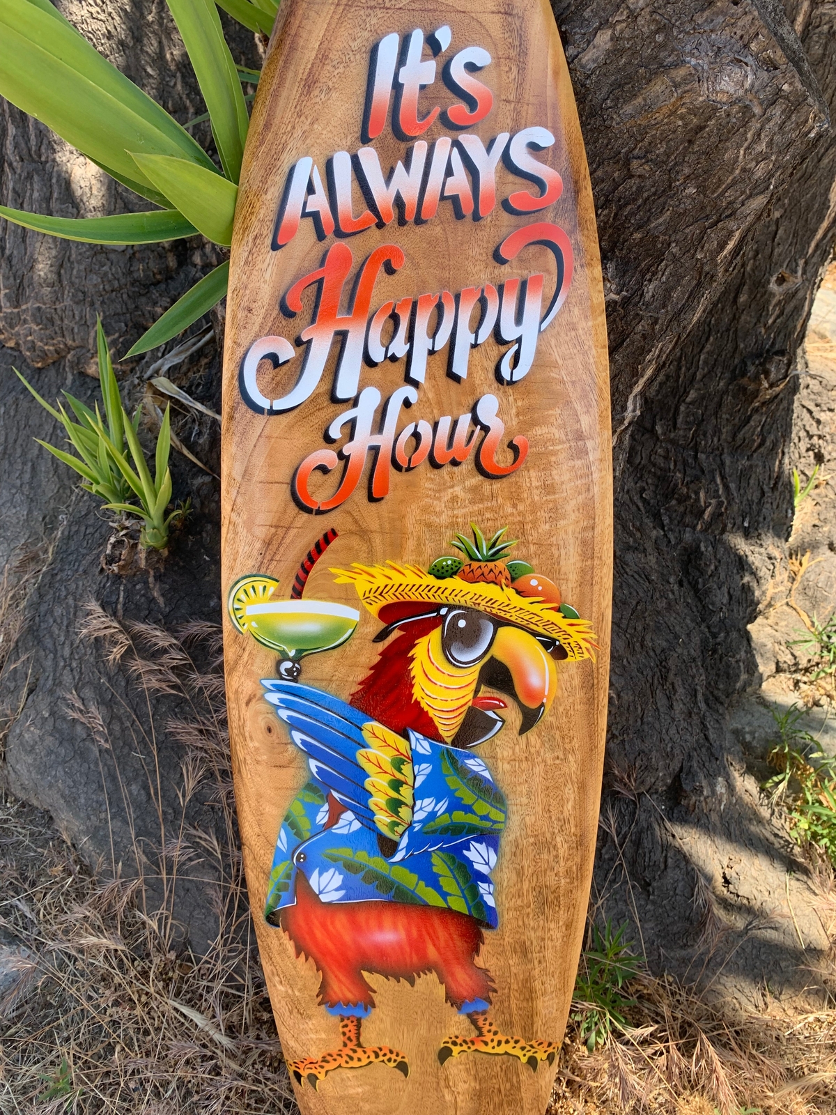 It's Always Happy Hour Drinking Parrot Airbrushed Surfboard Wall Plaque Tiki It's Always Happy Hour Drinking Parrot Airbrushed Surfboard Wall Plaque Tiki