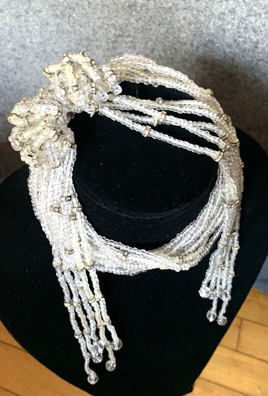 AMAZING VINTAGE SIGNED DE LILLO MULTI STRAND CRYSTAL CHOKER DROP DANGLE NECKLACE