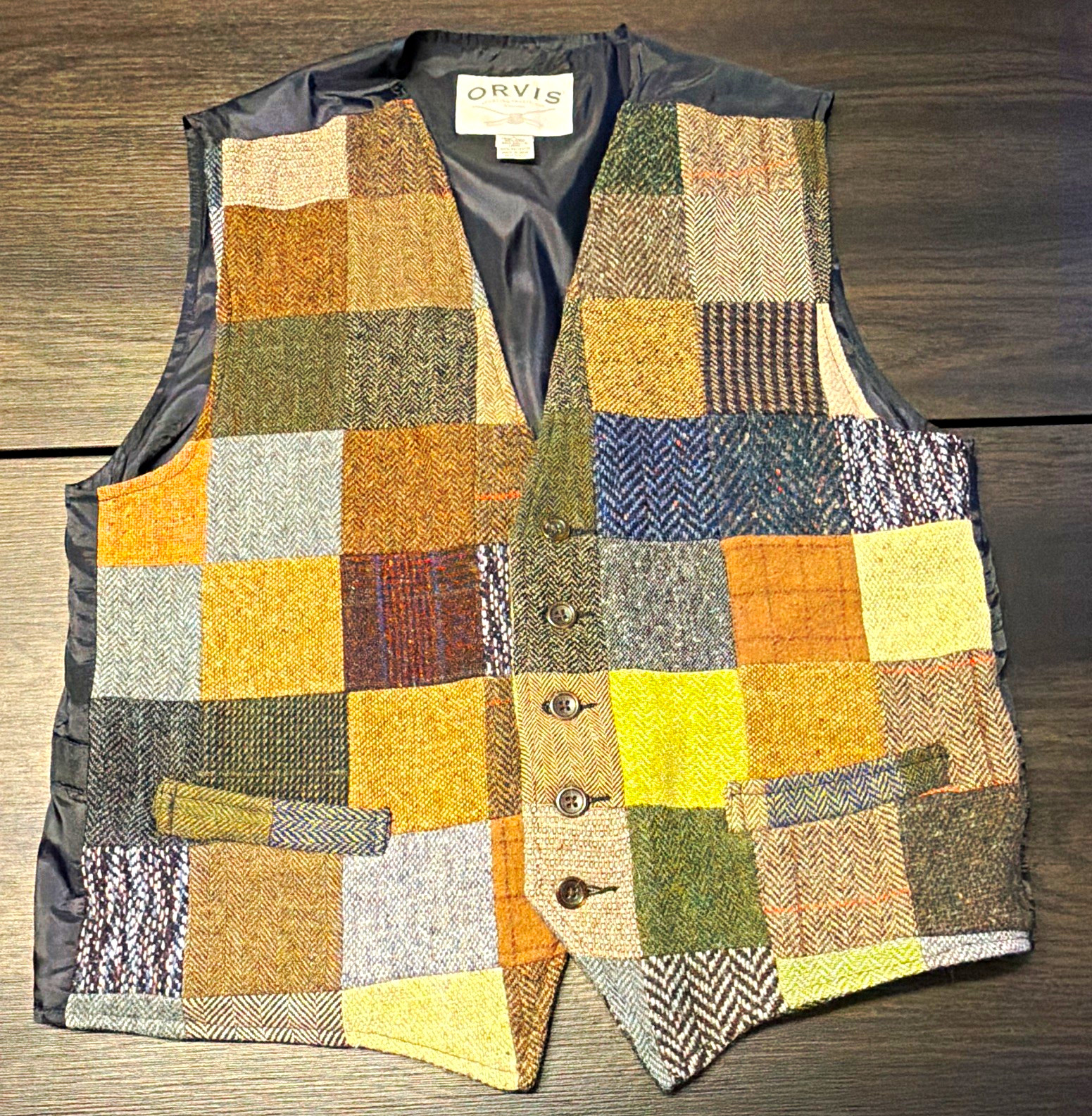 Vtg Orvis Patchwork Tweed Wool Vest Mens Large Country Heritage Waistcoat India
