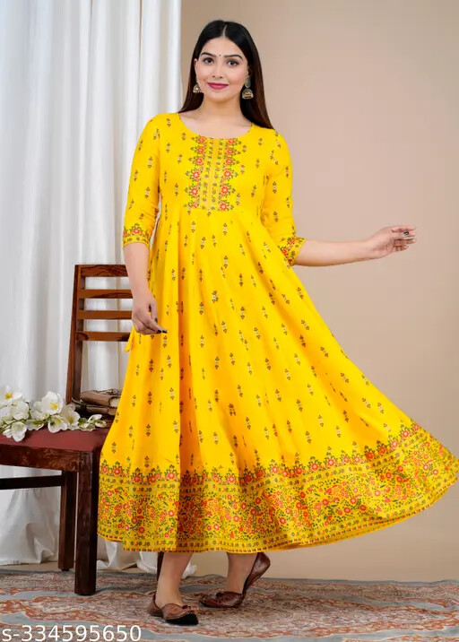 Women\'s Rayon Anarkali Hand Block Printed Kurti Haldi ceremony dress Anarkali