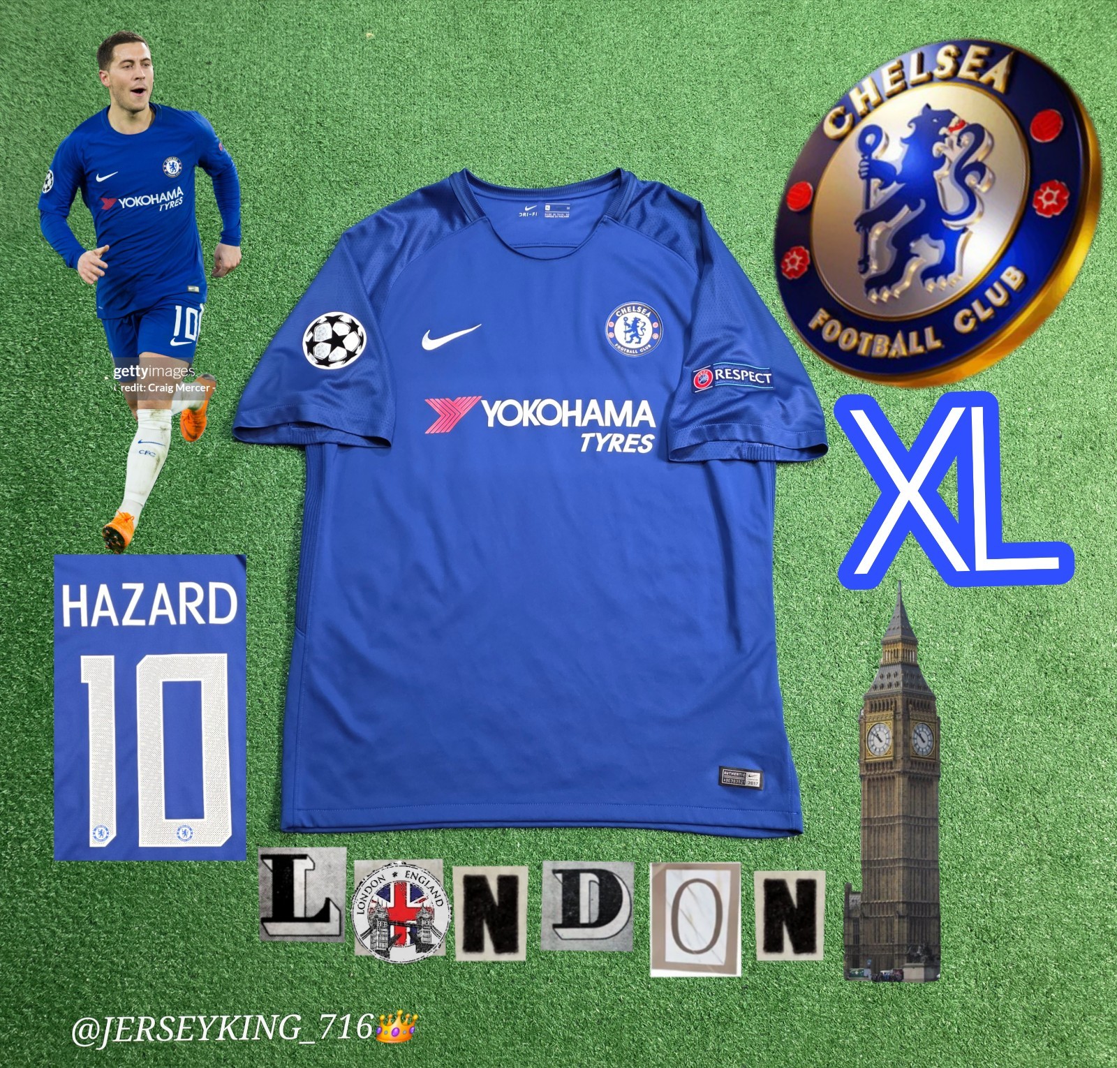 🇬🇧Nike Chelsea FC Eden Hazard#10 2017/2018 Home Blue Jersey UCL Patches XL 🇬🇧Nike Chelsea FC Eden Hazard#10 2017/2018 Home Blue Jersey UCL Patches XL