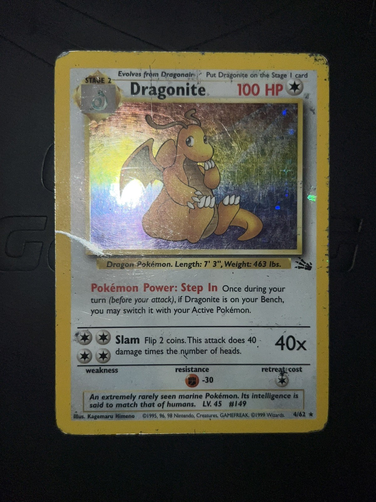 1999 Pokemon Fossil Dragonite #4/62 DMG TCG WOTC Damaged Played Vintage 1999 Pokemon Fossil Dragonite #4/62 DMG TCG WOTC Damaged Played Vintage