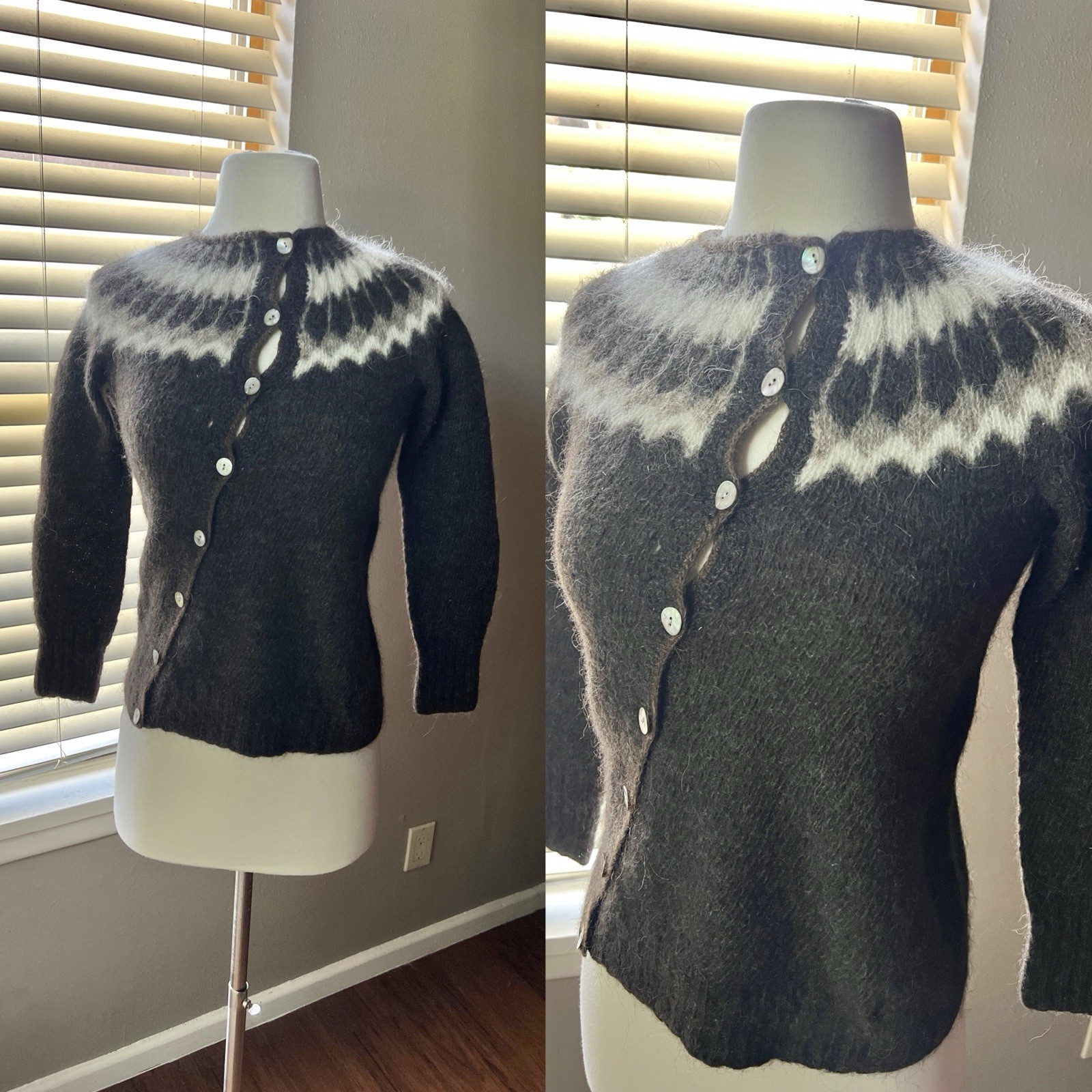 Icelandica Wool Cardigan Sweater L/XL Womens Brown Geometric Diagonal FLAWS READ