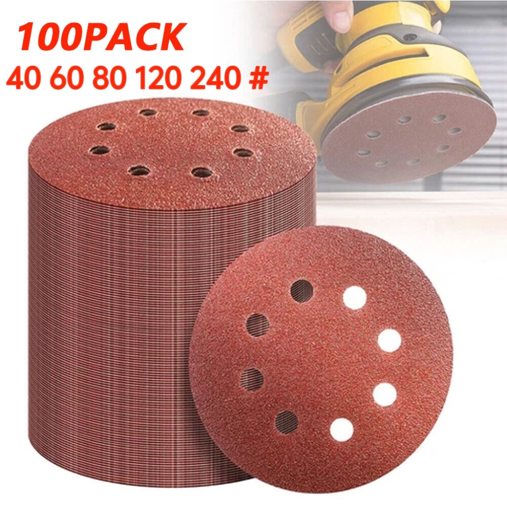 100Pcs 5inch Sanding Discs 40-240 Grit Hook Loop 8-Hole Orbital Sander Paper