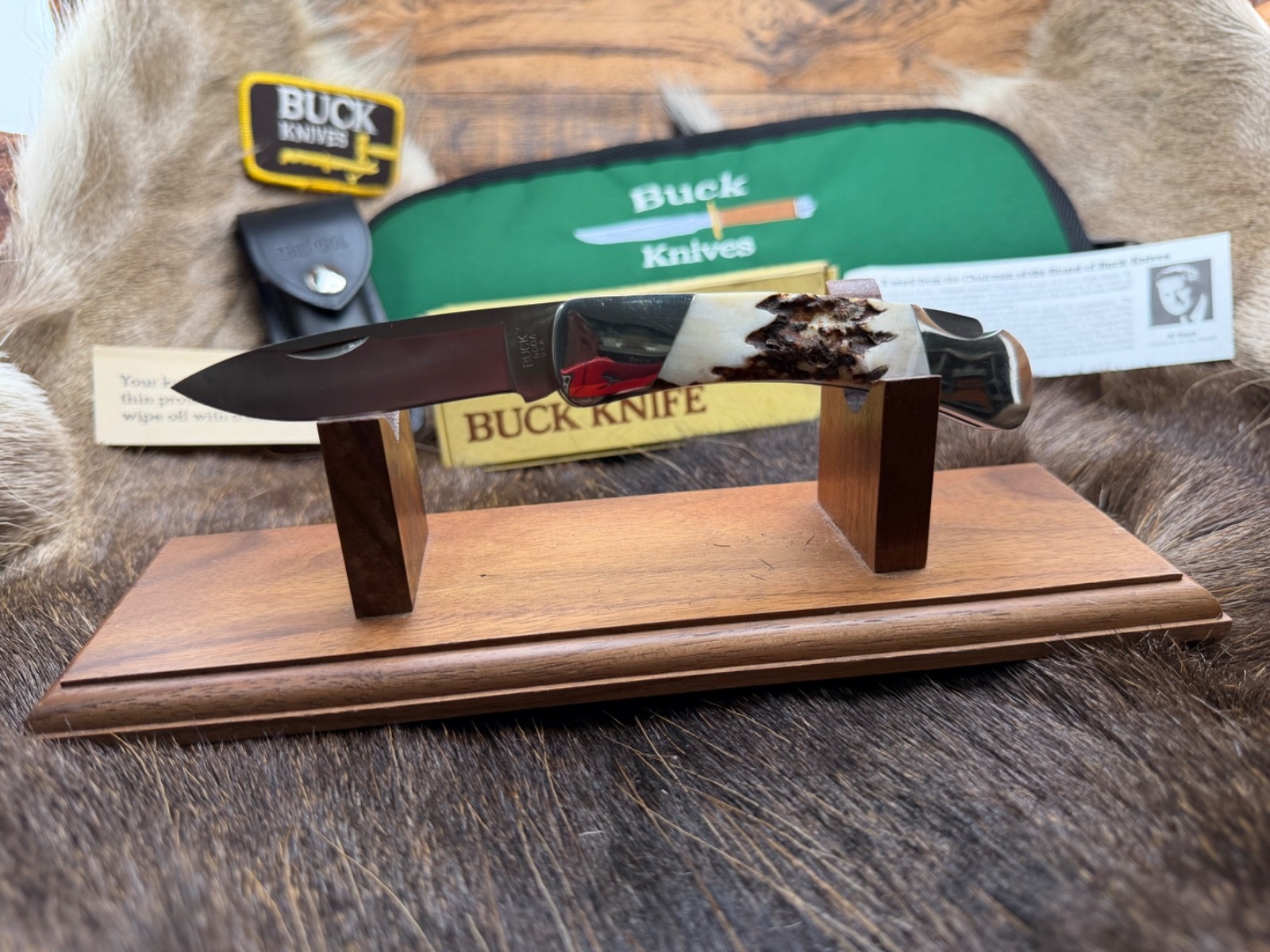 Buck 500 Knife With Stag Handle Stainless Blade & Leather Sheath Mint In Box 