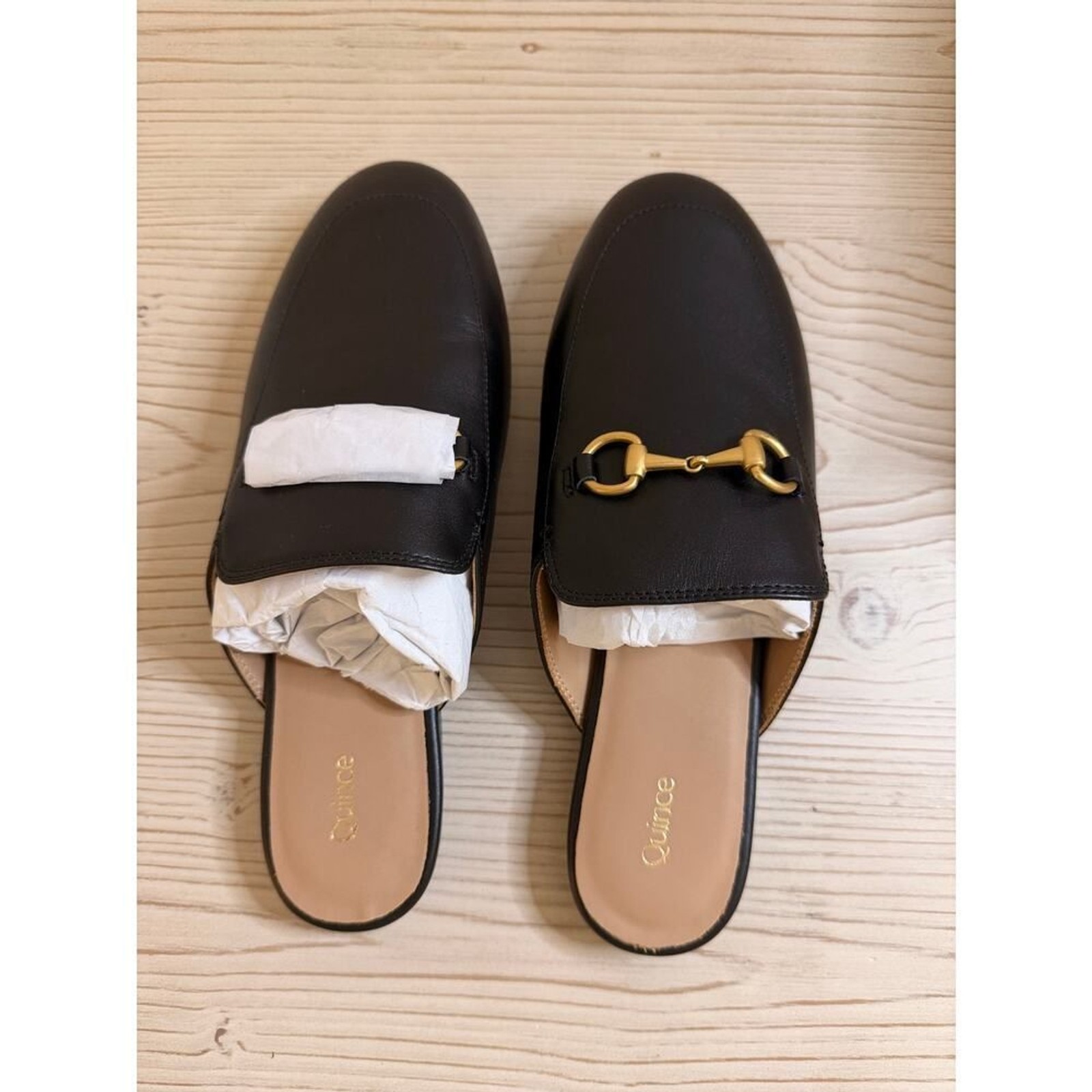 Quince Italian Leather Horsebit Loafer Mules Black Gold Size 9 New in Box