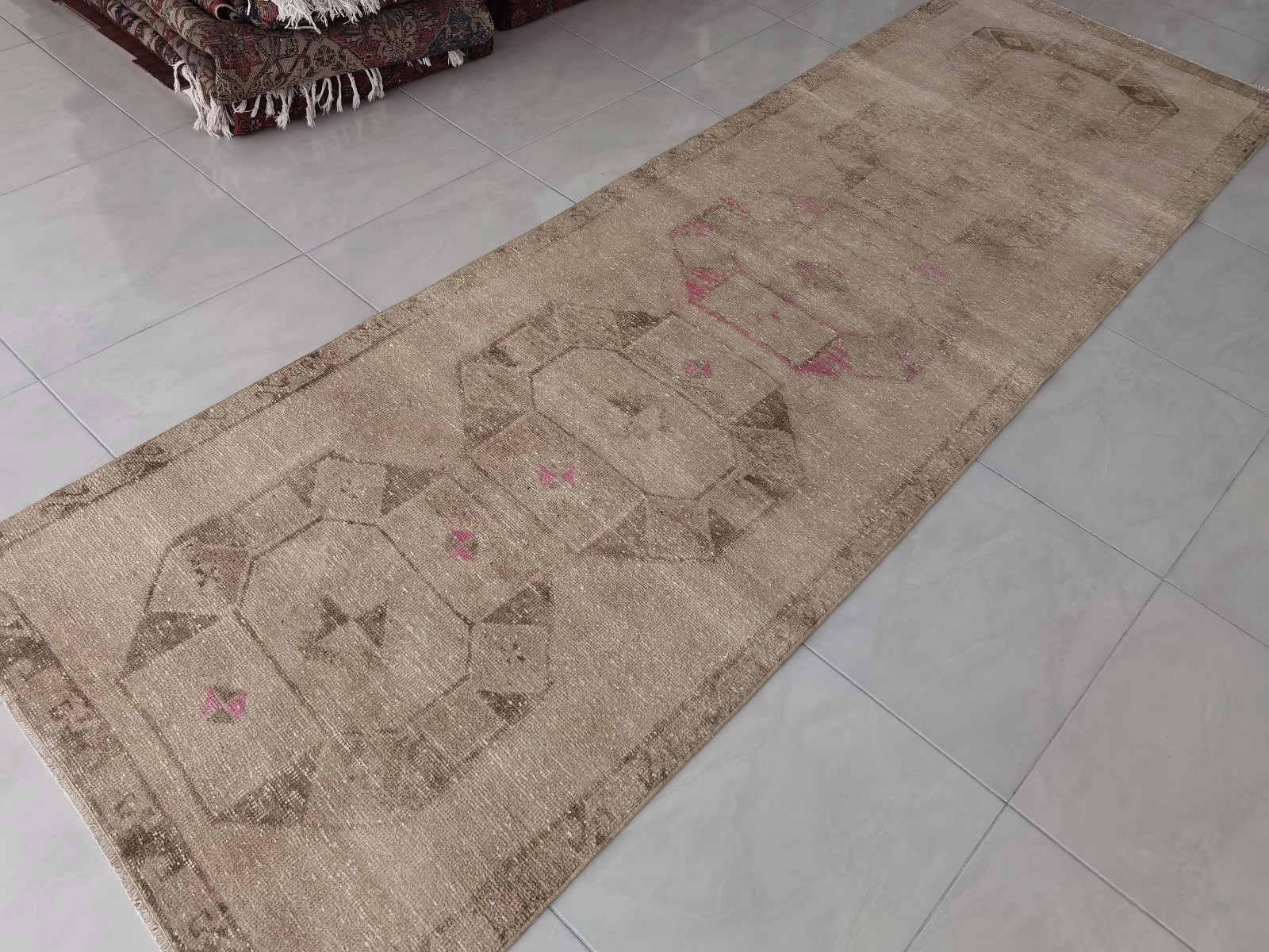 Muted Beige Oushak Wool Rug 4x12 Extra Long Vintage Runner Pink Distressed