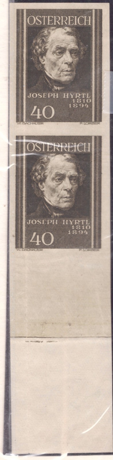 Austria 1937 Doctors Sc.162. 40g Joseph Hyrtl, imperforated pair, with margin Austria 1937 Doctors Sc.162. 40g Joseph Hyrtl, imperforated pair, with margin
