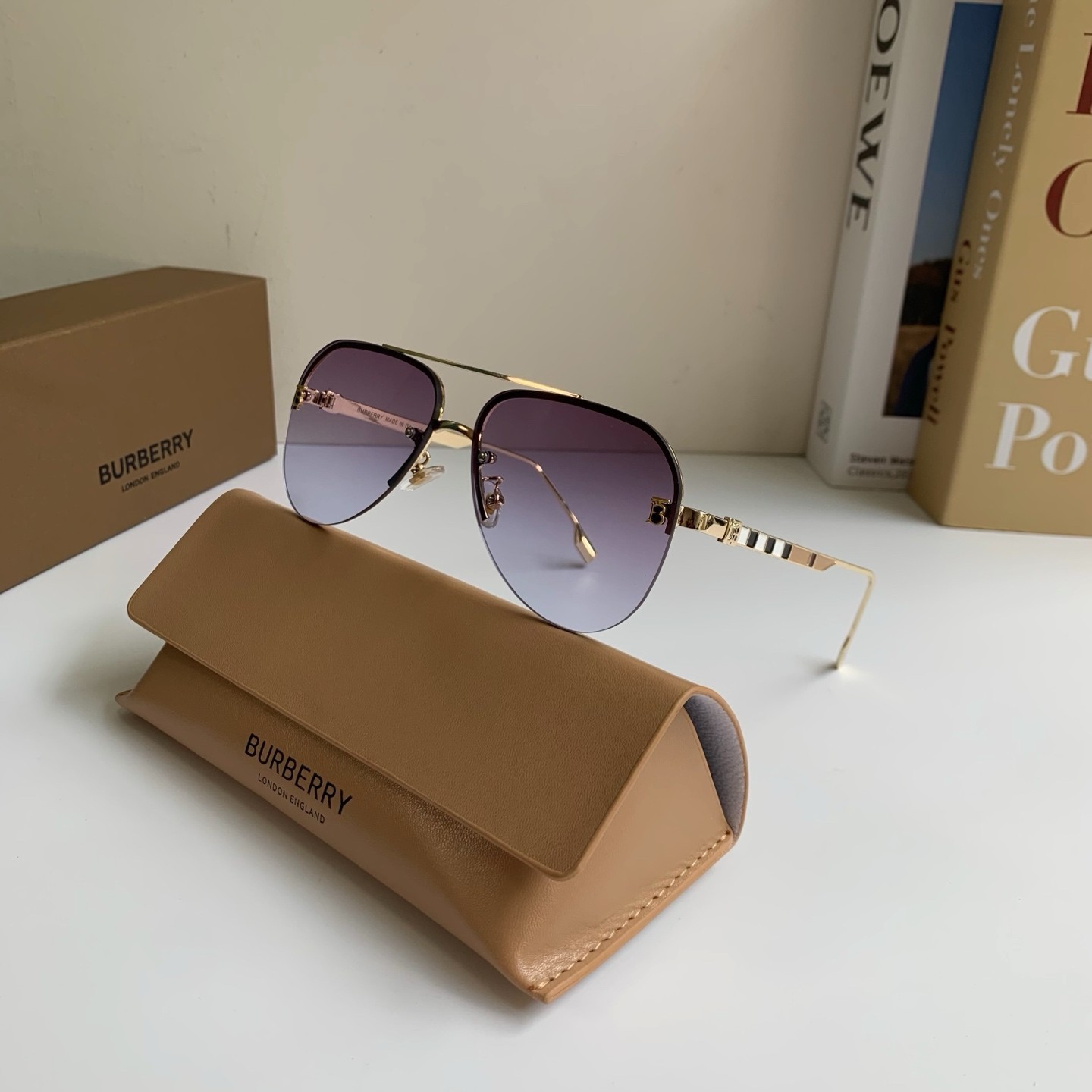 Burberry BE3172 Gold Rimless Pilot Sunglasses Purple Gradient Lens Burberry BE3172 Gold Rimless Pilot Sunglasses Purple Gradient Lens