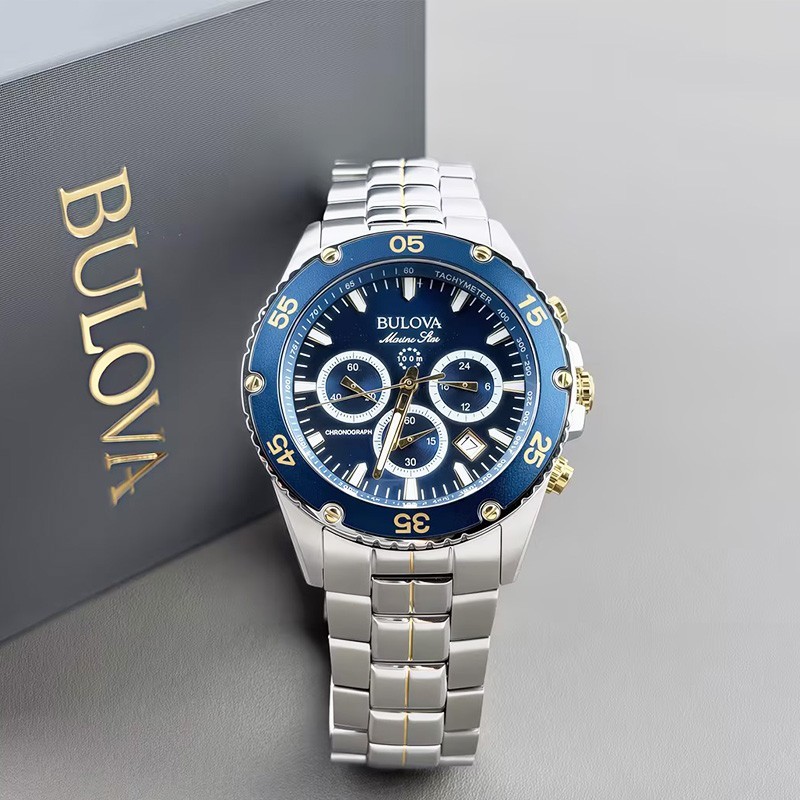 Bulova Men's Marine Star 98B400 Blue Dial Chronograph Quartz Watch 41.5mm