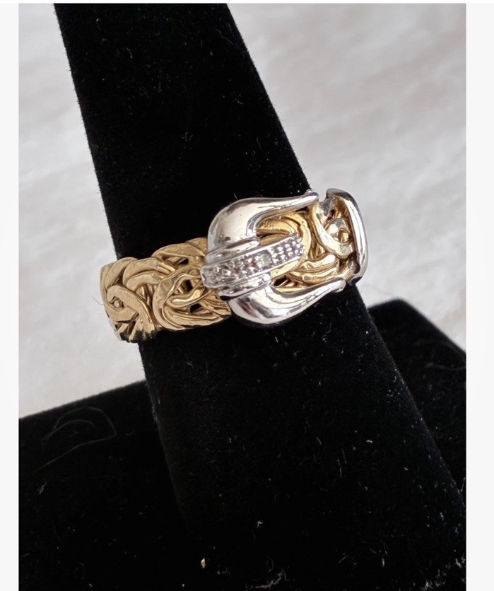 Vintage OT Turkey Gold Vermeil Sterling 925 Byzantine Diamond Accent Buckle Ring