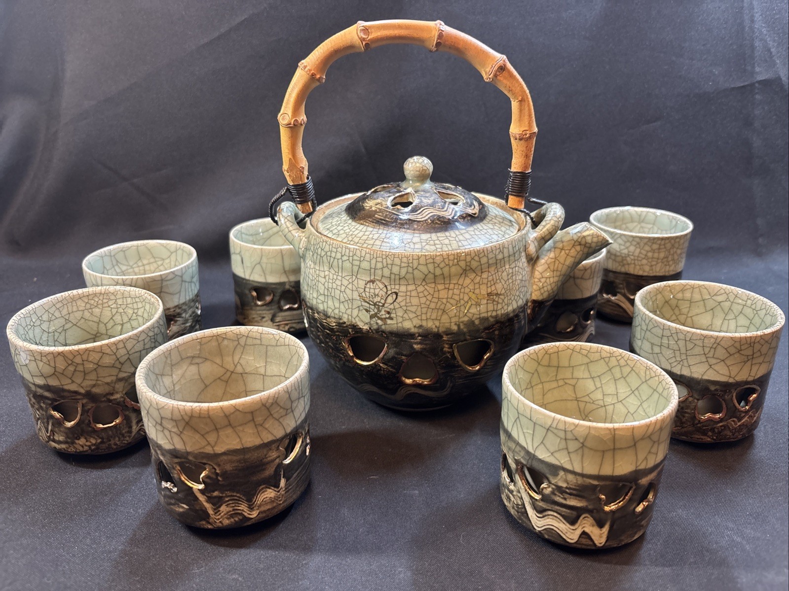 Vtg Otagiri Somayaki Teapot Set Green Crackle Hearts Double Walled Gold 10pc set Vtg Otagiri Somayaki Teapot Set Green Crackle Hearts Double Walled Gold 10pc set