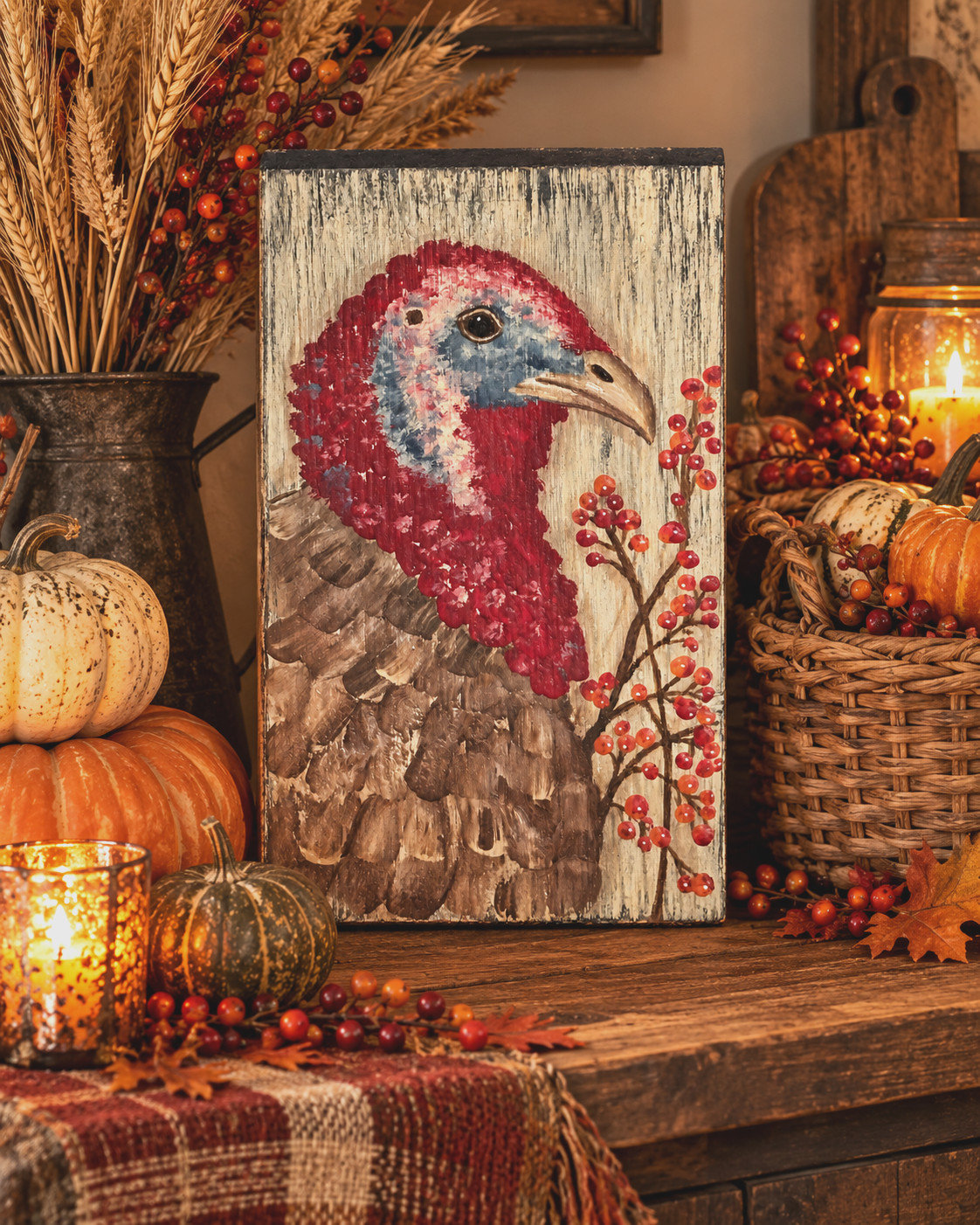Primitive Turkey Thanksgiving Hand Painted Reclaimed Wood Folk Art Wall Decor