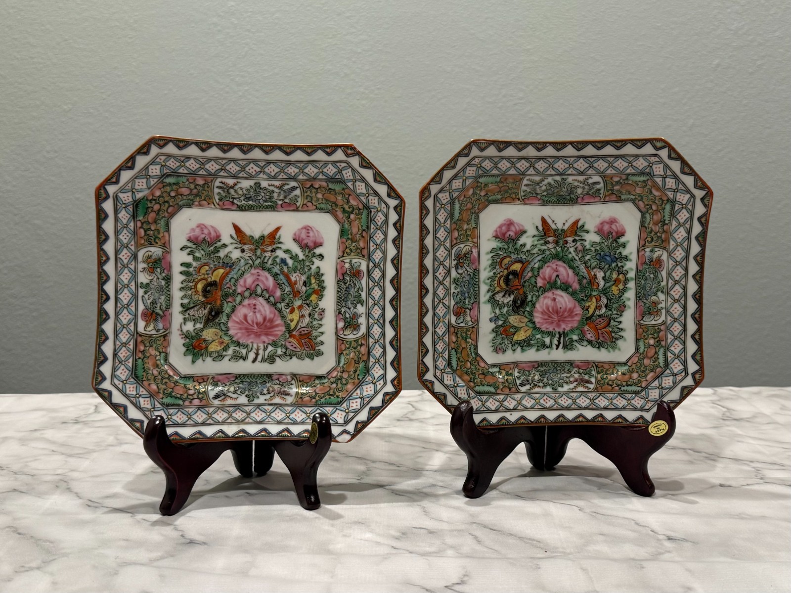 Pair of Vintage Chinese Export Hand-painted Famille Rose Porcelain Square Plates