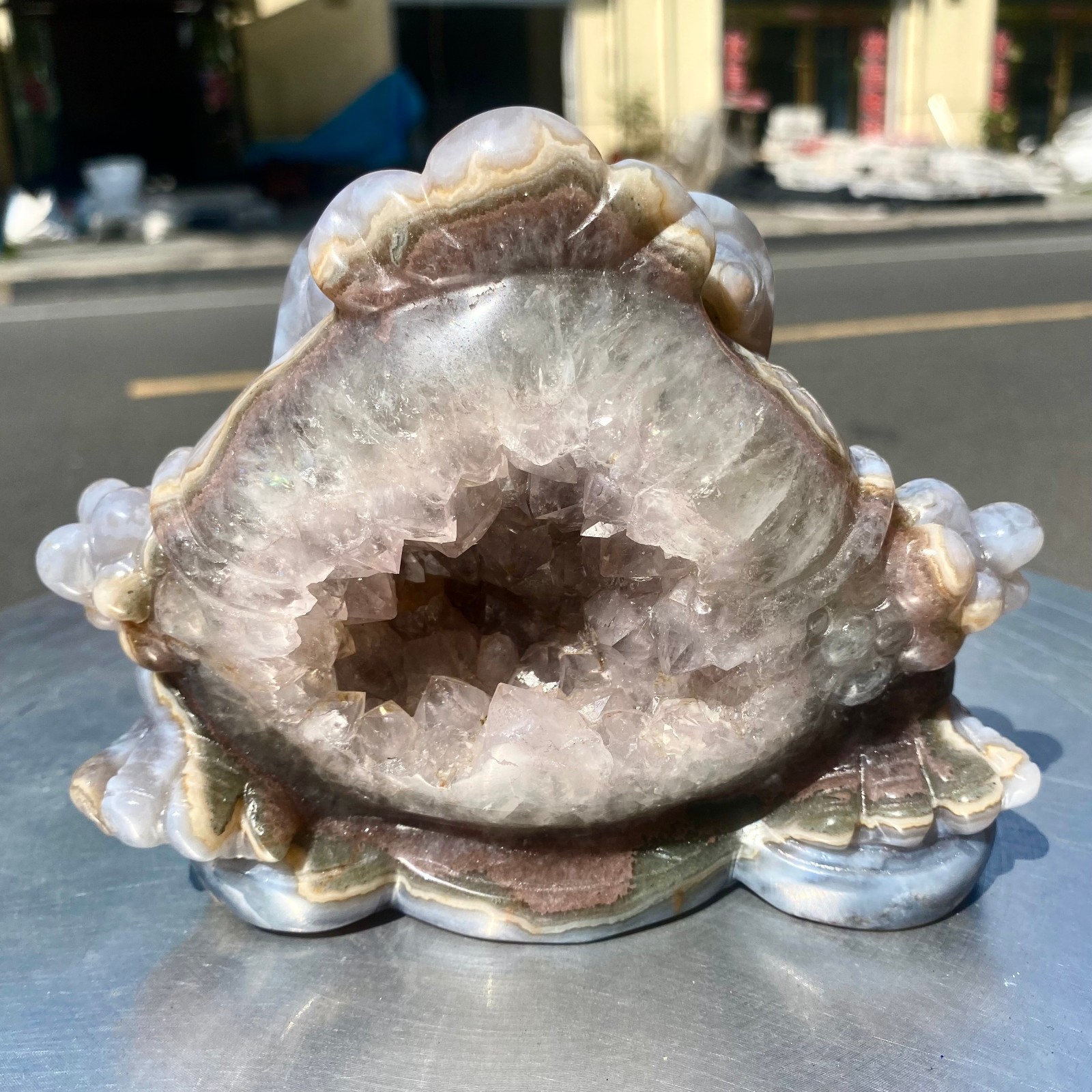 3.6LB Natural Amethyst agate geode quartz crystal Hand carved Golden Toad
