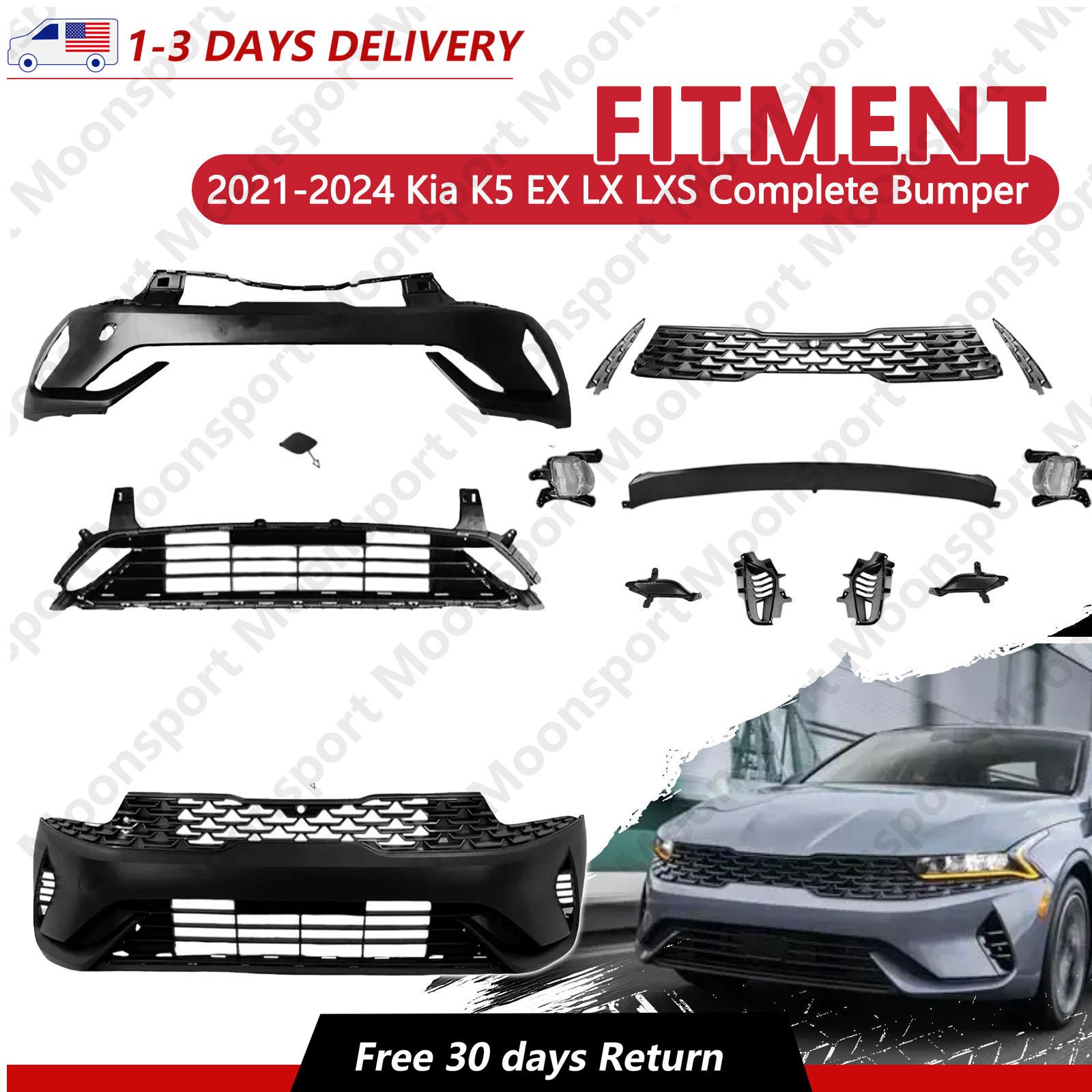 For 2021-2024 Kia K5 EX LX LXS Complete Bumper Grille Kit W/ Fog Lights For 2021-2024 Kia K5 EX LX LXS Complete Bumper Grille Kit W/ Fog Lights