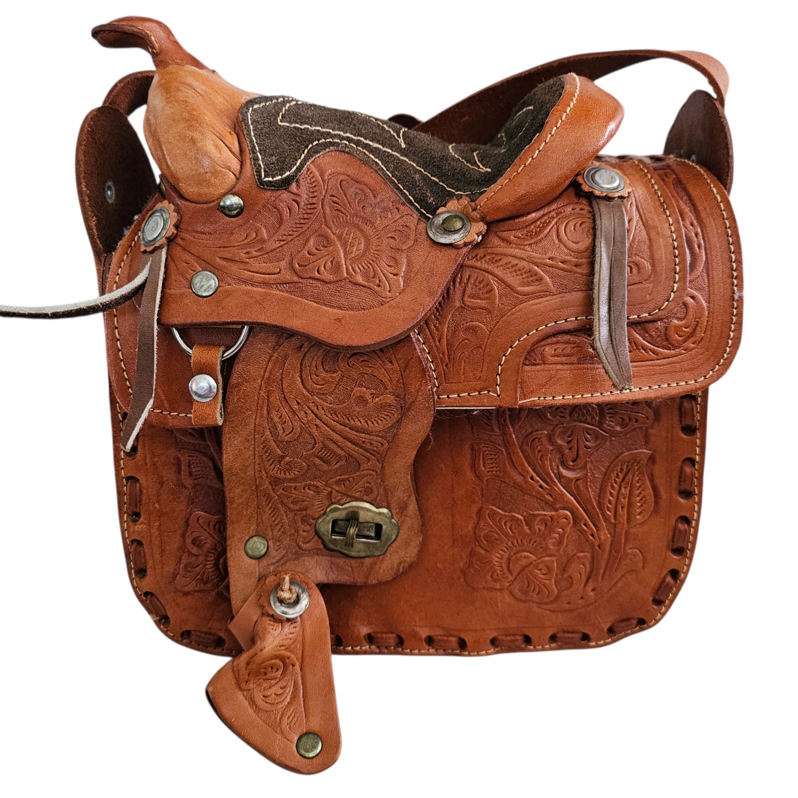 Western Saddle Leather Handbag Hand Tooled Suede Handcrafted Adjustable Strap