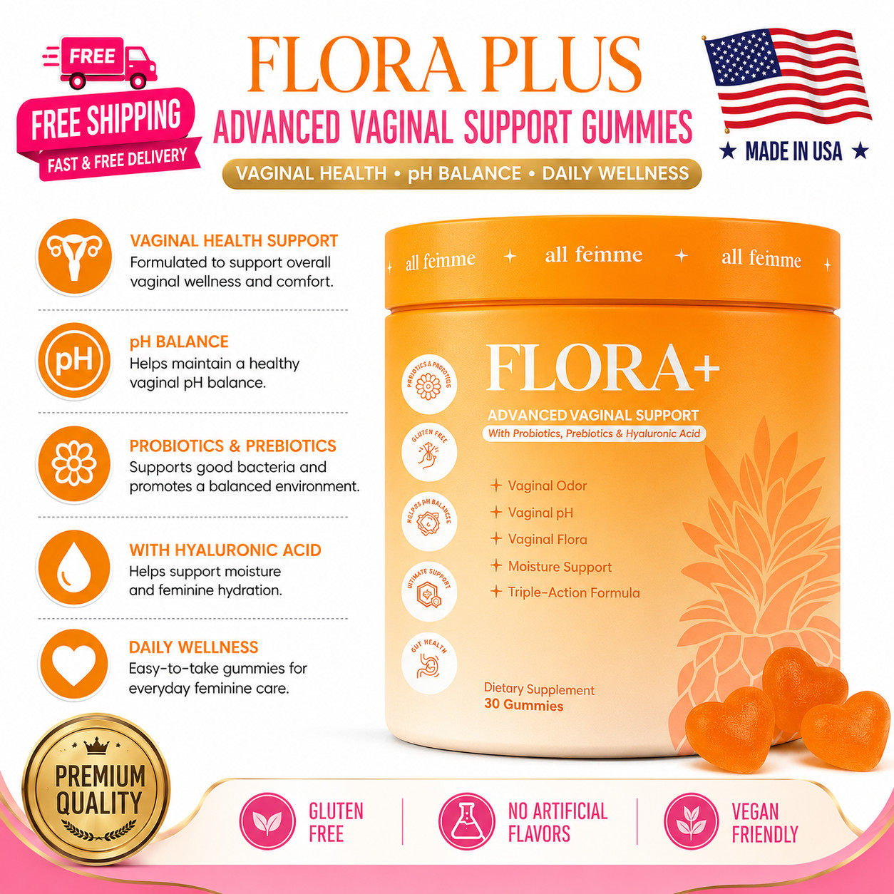 Flora Plus Gummies, Advanced Vaginal Support, Vaginal Health Gummies, Ph Balance