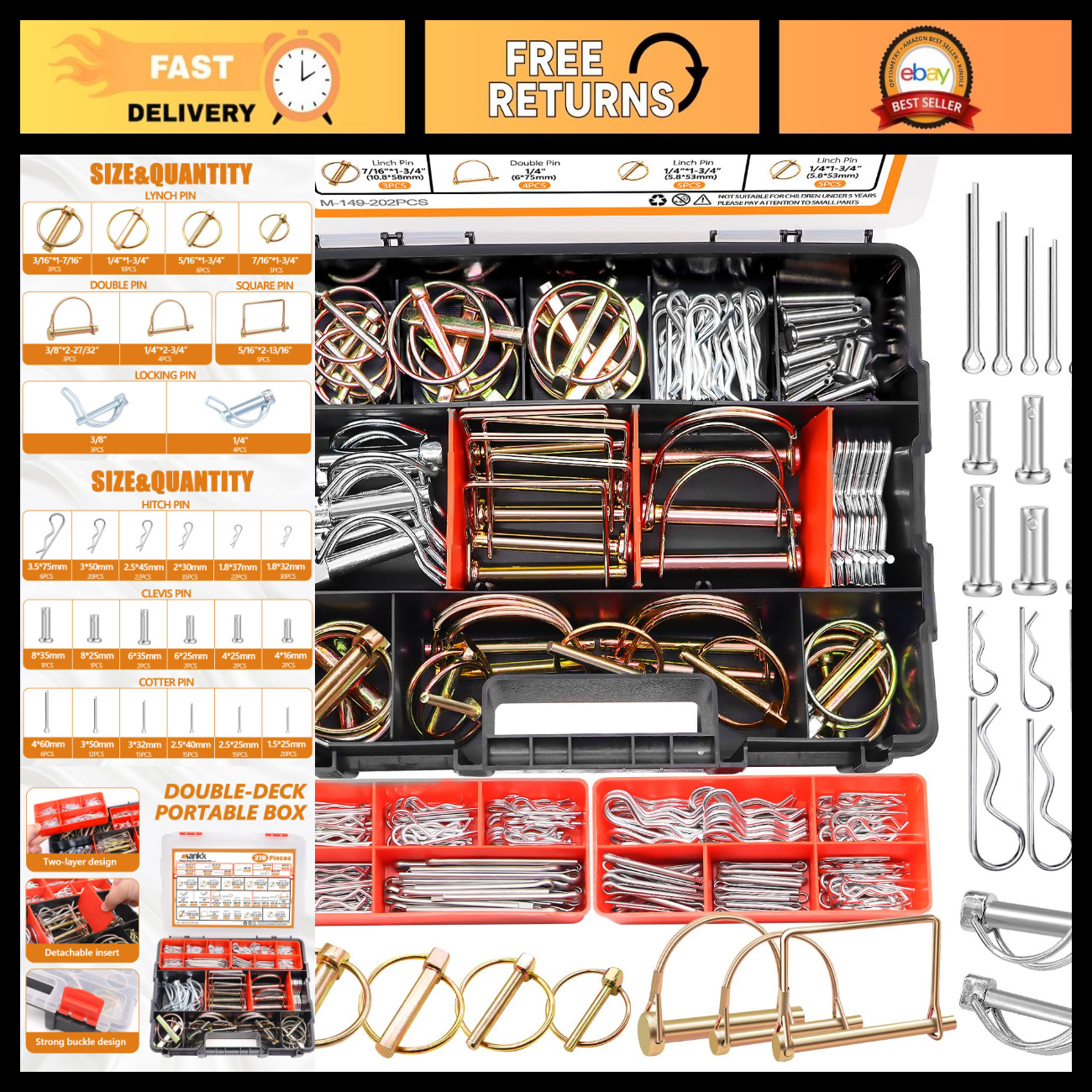 270PCS Heavy Duty Hitch Pins Clip Assortment Kit for Tractors, Trailers, Lawn Mo