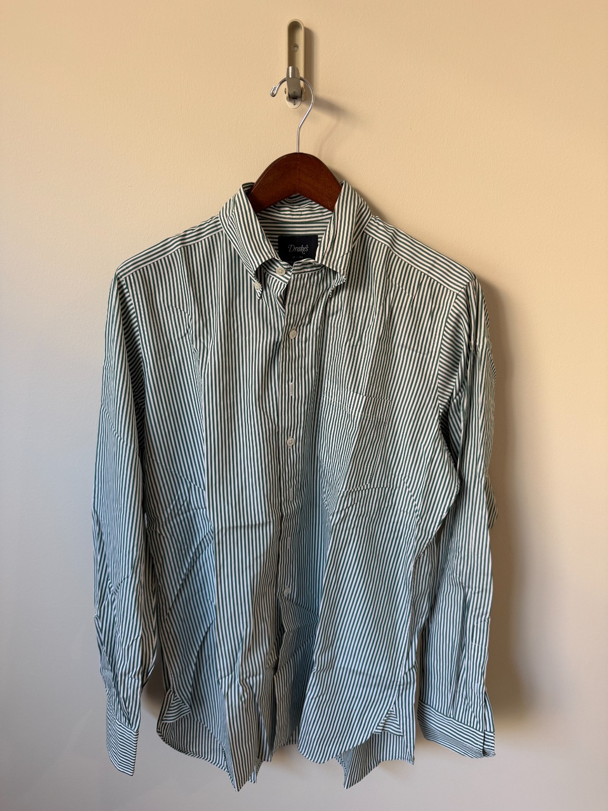 🔥 Drake\'s Poplin Candy Stripe Shirt Green & White Size 17 Made in England NWOT