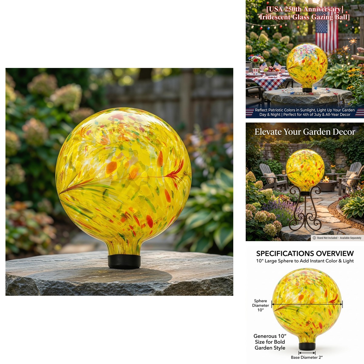 10 Inch Yellow Glass Gazing Ball Garden Ornament Hand Blown Swirled - A Ting