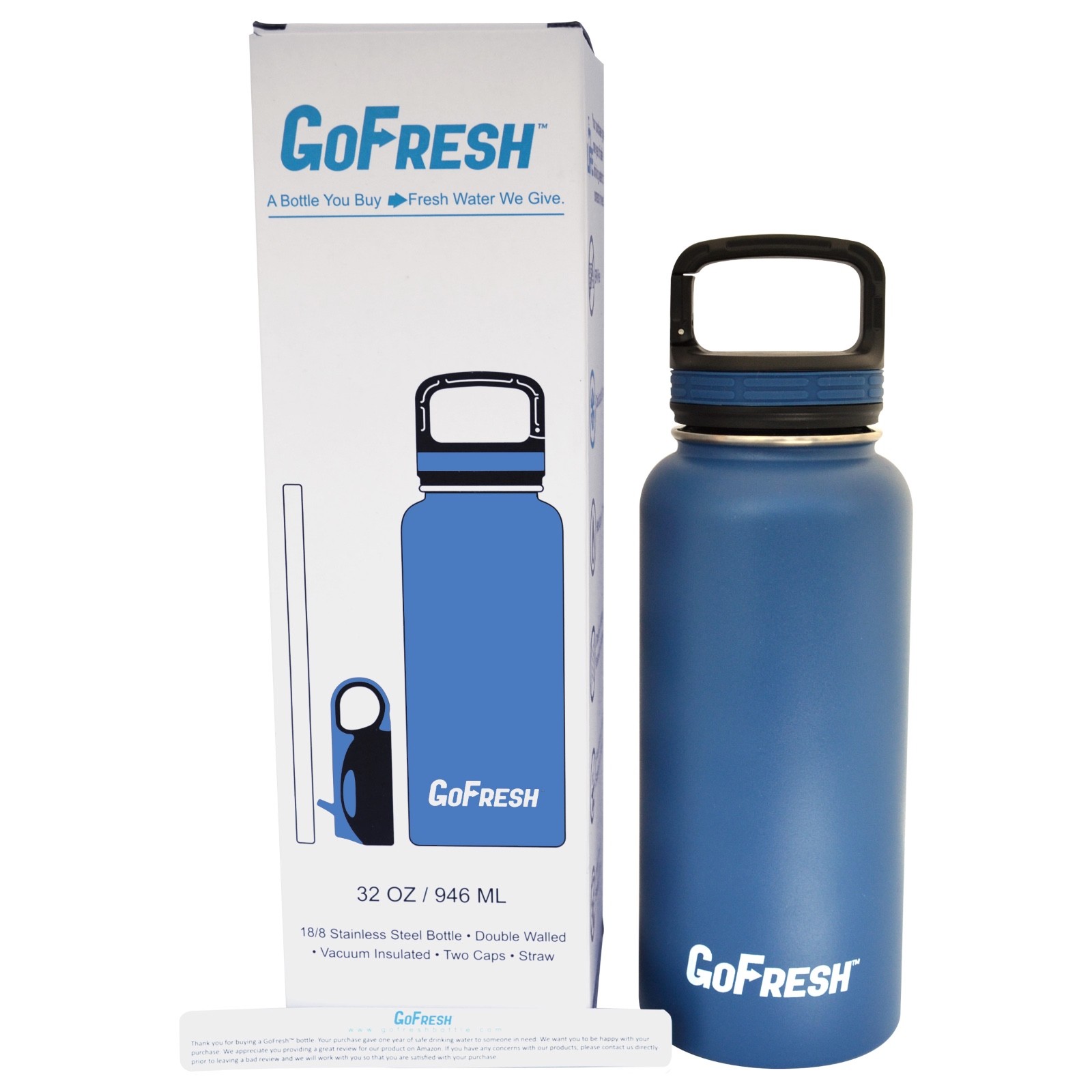 GoFresh 32 oz Stainless Steel Insulated Sport Water Bottle 2 Lids and Straw