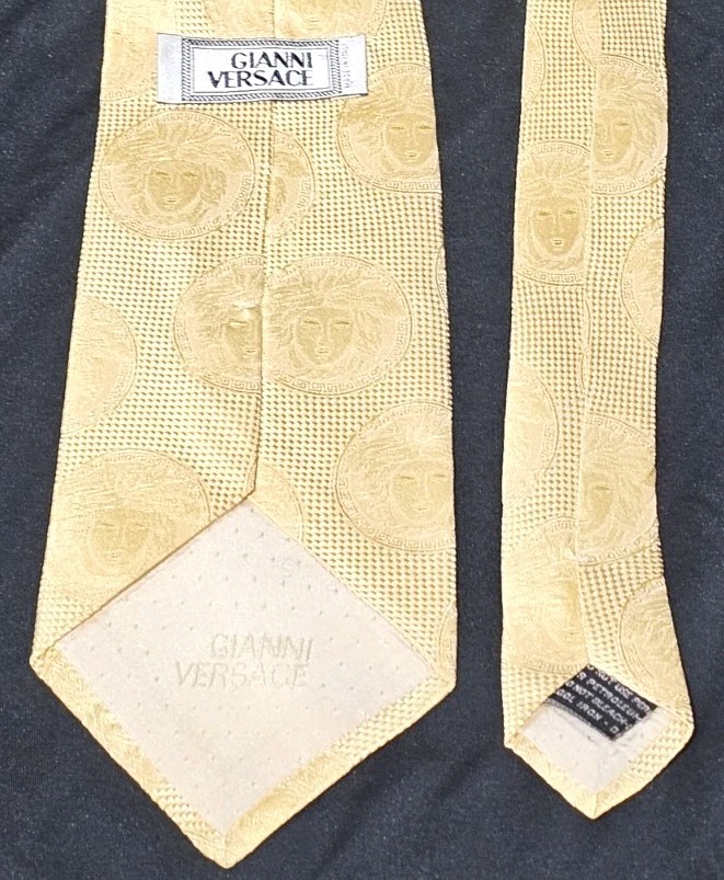 1990s Gianni Versace Couture Mens Tie Yellow Woven Medusa Silk- RARE