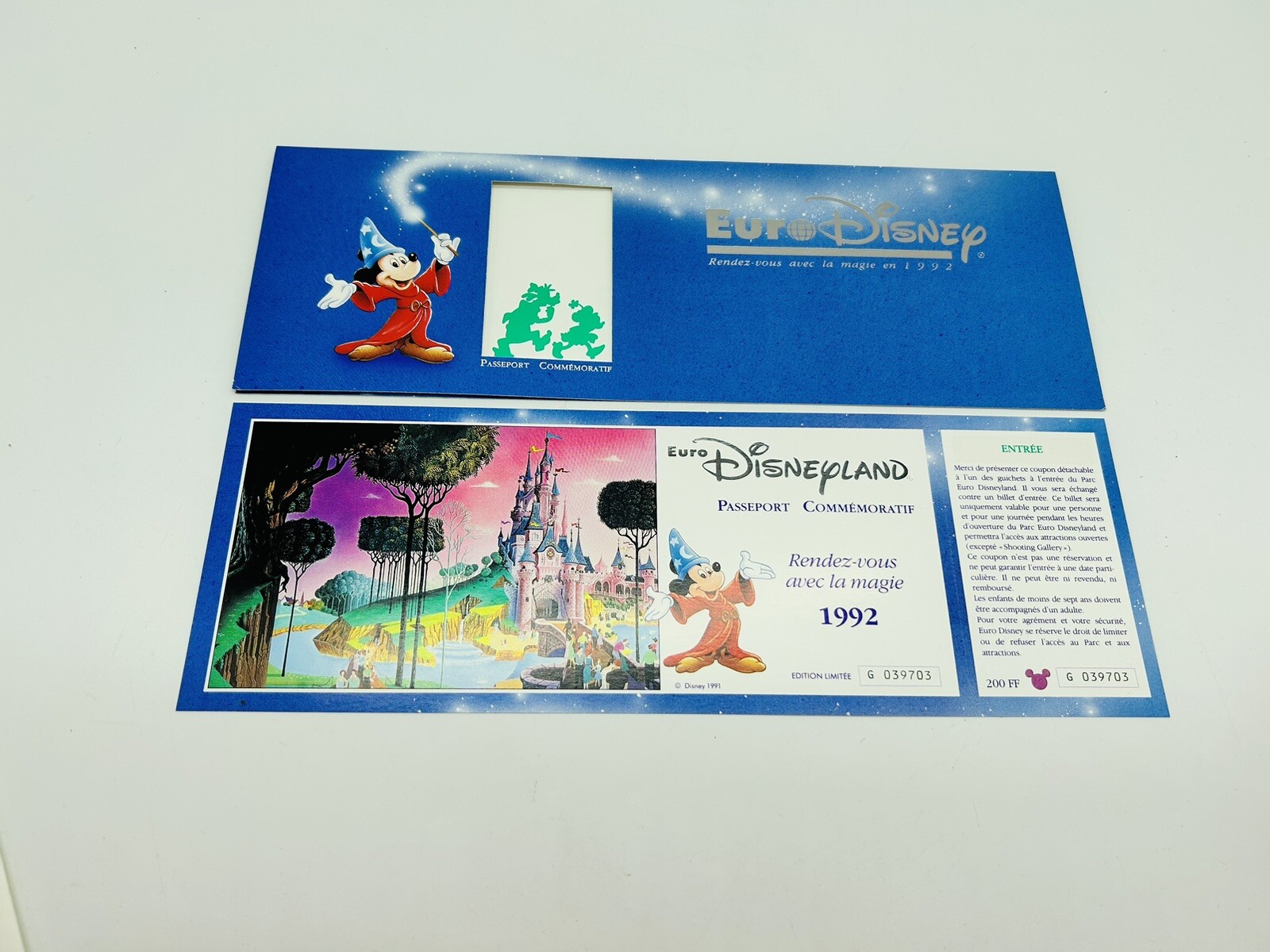 Disney Parks Paris EuroDisney Commemorative First Day Pass April 1992 Ltd Edit.