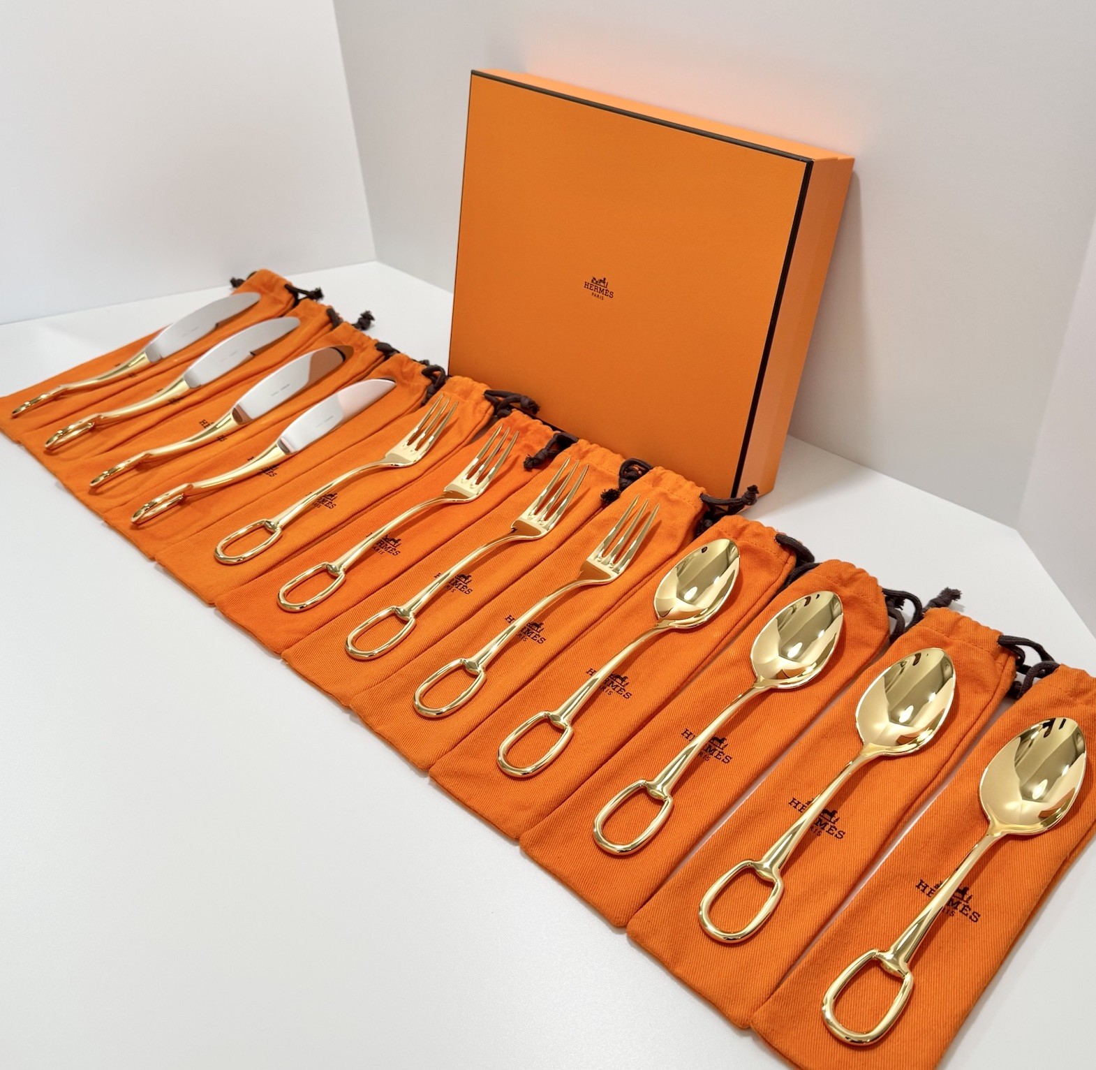 Hermès Grand Attelage Fork Spoon Knife Set 18k Gold Plated 12PC $10,520 MSRP New