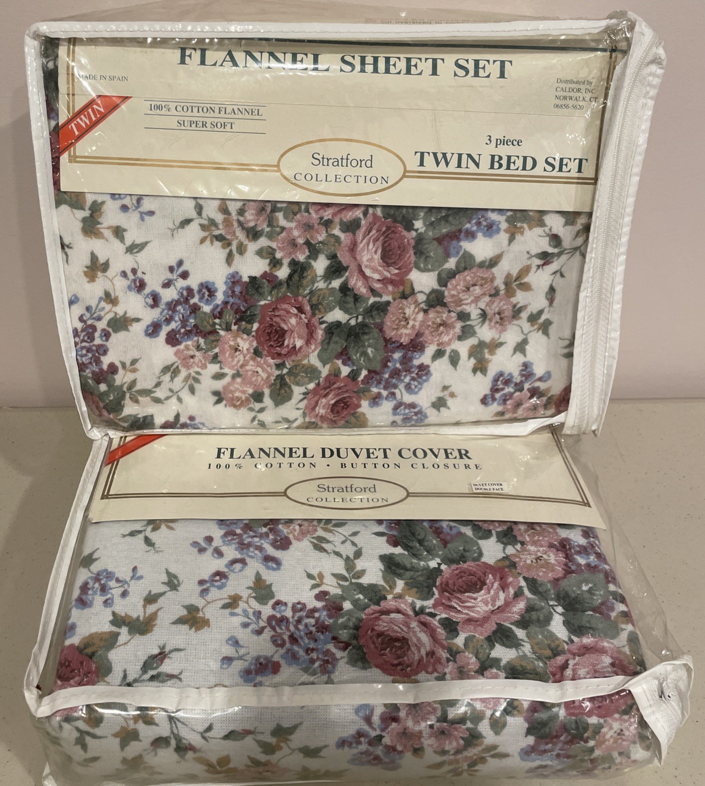 NOS Vtg Stratford Collection Twin Flannel Sheet Set & Duvet 100% Cotton Roses