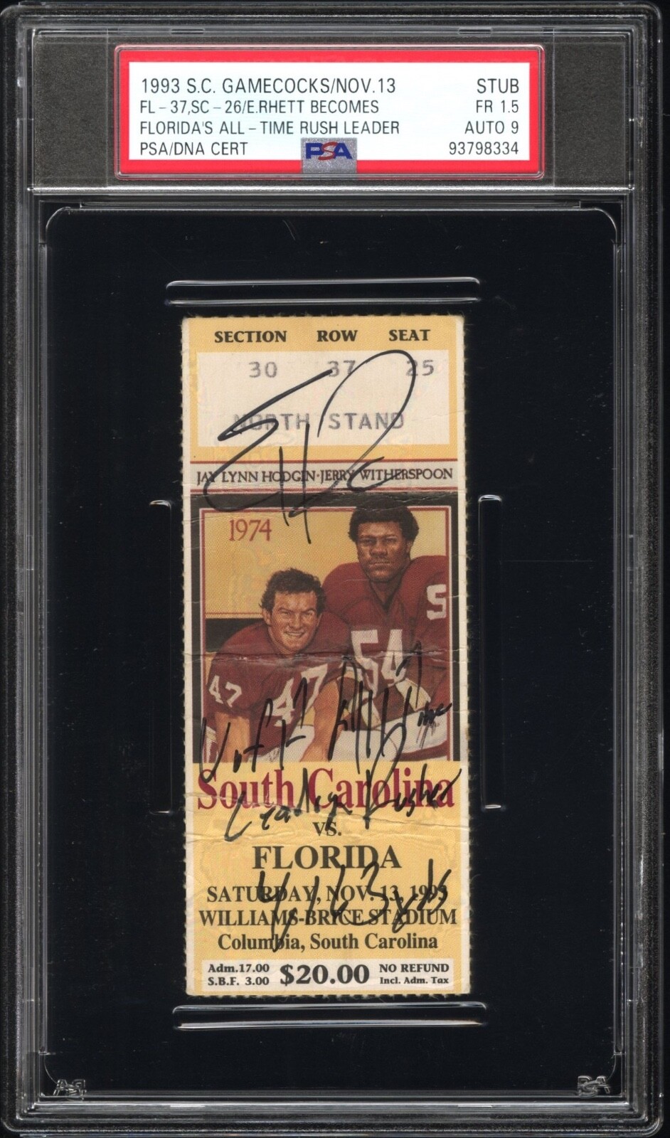 1993 Florida Gators Errict Rhett Sets Rushing Record Signed Ticket PSA 1.5 1993 Florida Gators Errict Rhett Sets Rushing Record Signed Ticket PSA 1.5