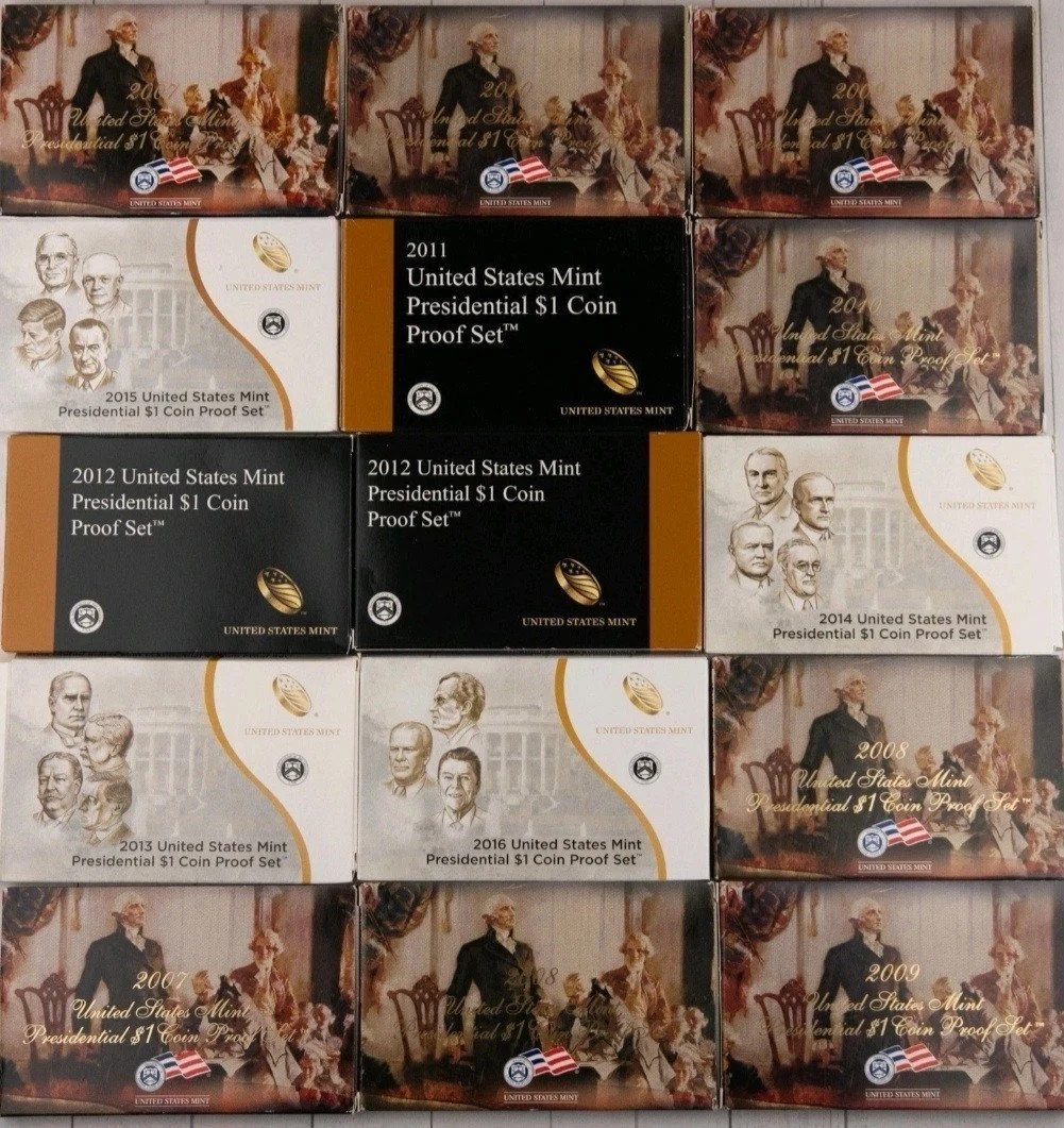 2007-2016 Complete US Presidential Dollar Proof Sets  with Boxes  + COAs