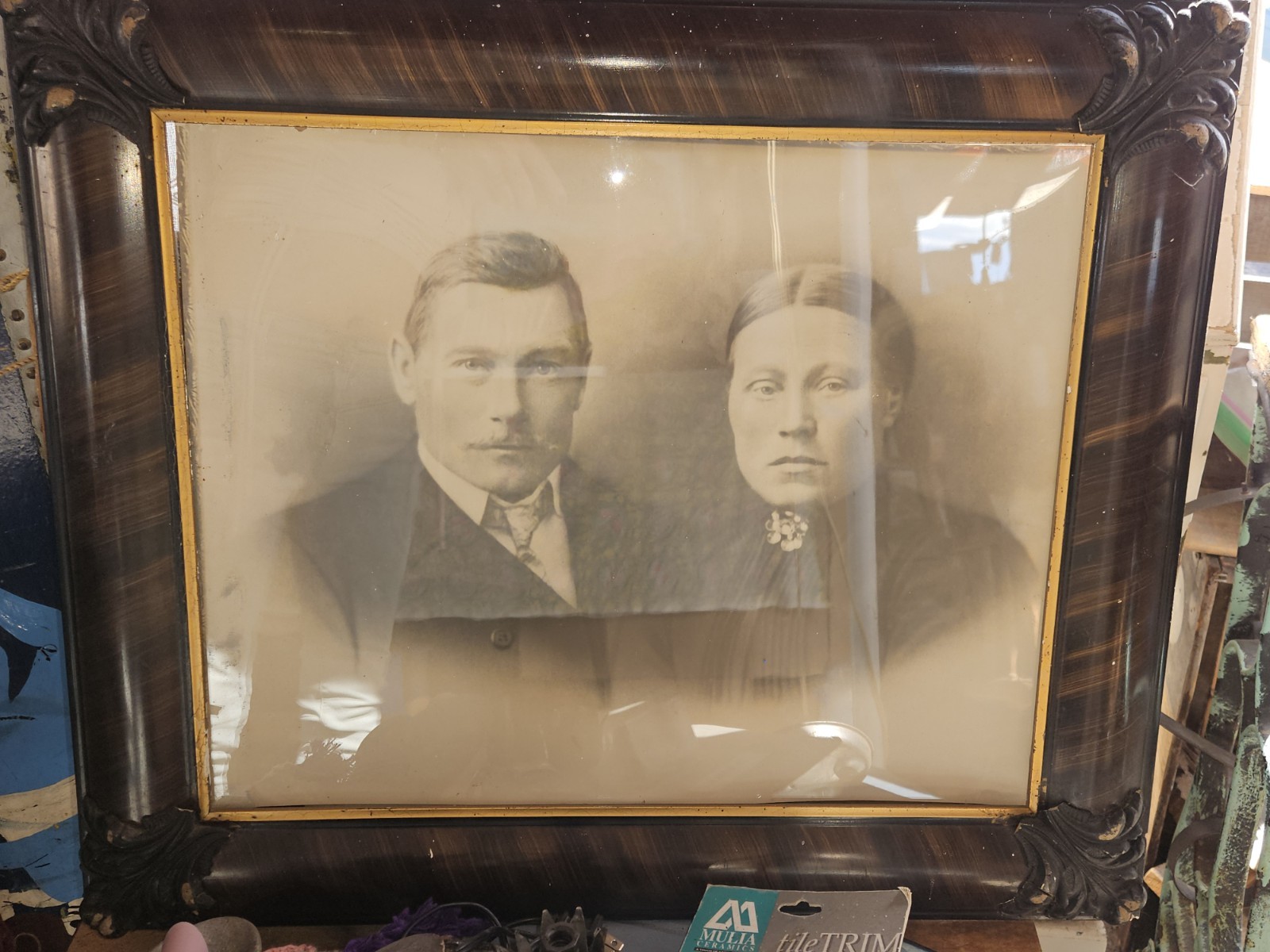 Victorian Era Married Couple blk and white picture w frame 25.5x21.5 