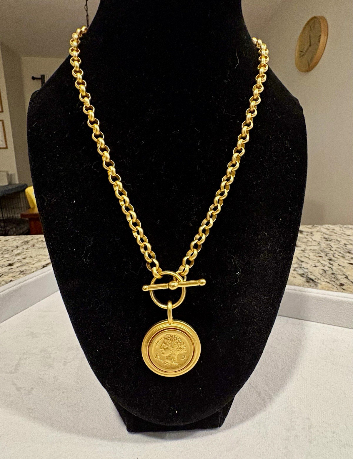 Vintage MMA Arethusa Coin Toggle Necklace 24k Gold Electroplated Mint Condition