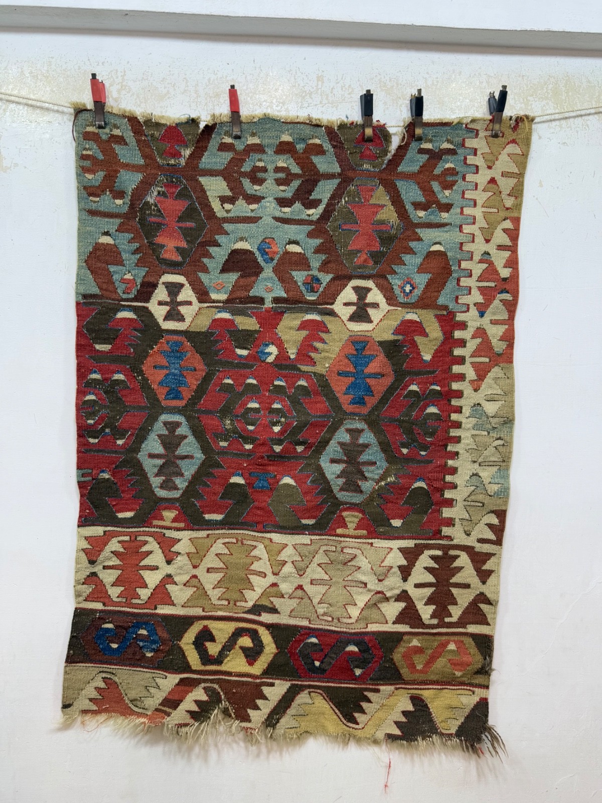 Antique Fabulous Hand Woven Turkey Anatolian Kilim Fragment 105x75 Cm