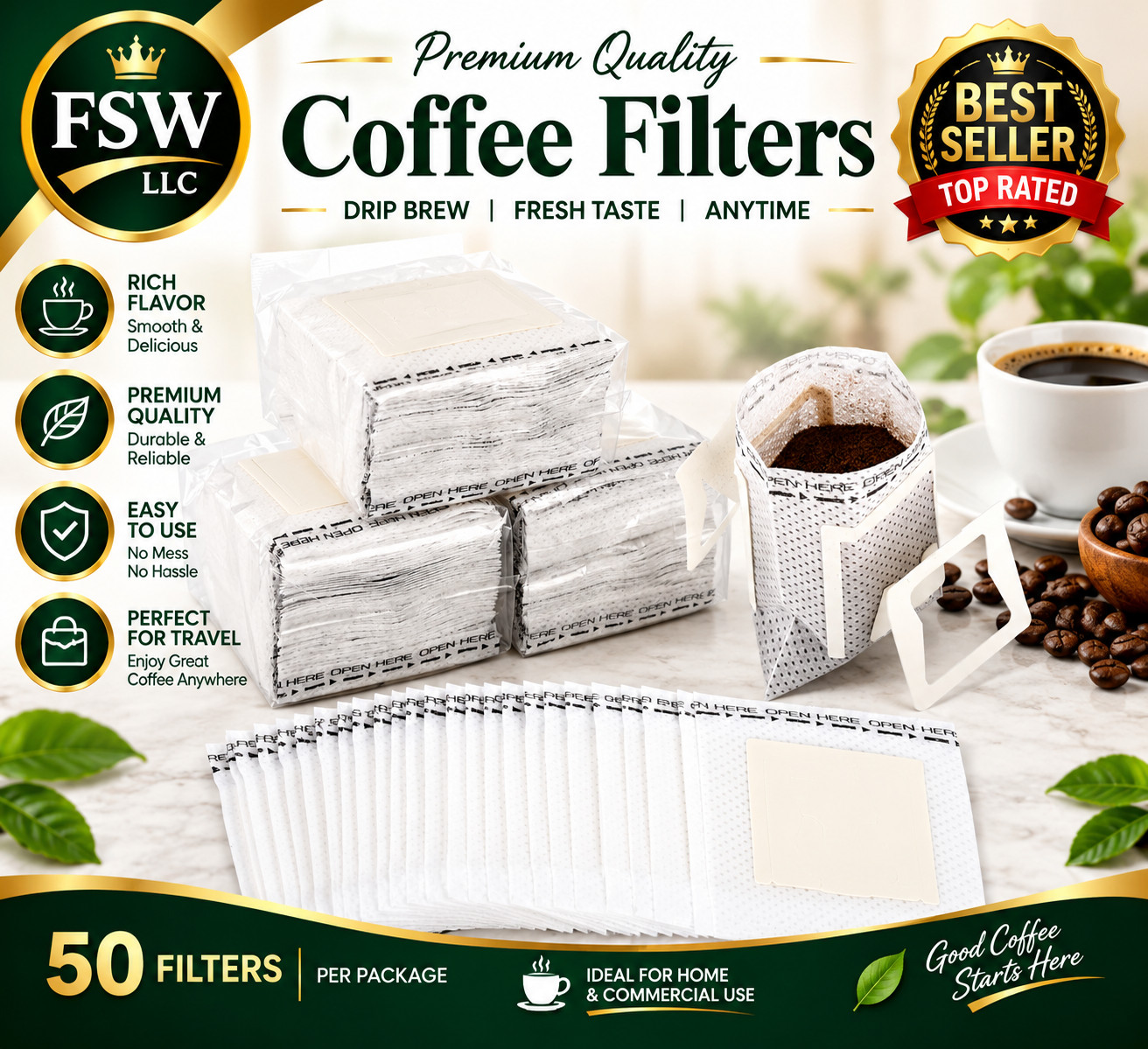 200 Pcs Coffee Filter Paper Bag, Portable Disposable Hanging Ear Drip Coffee