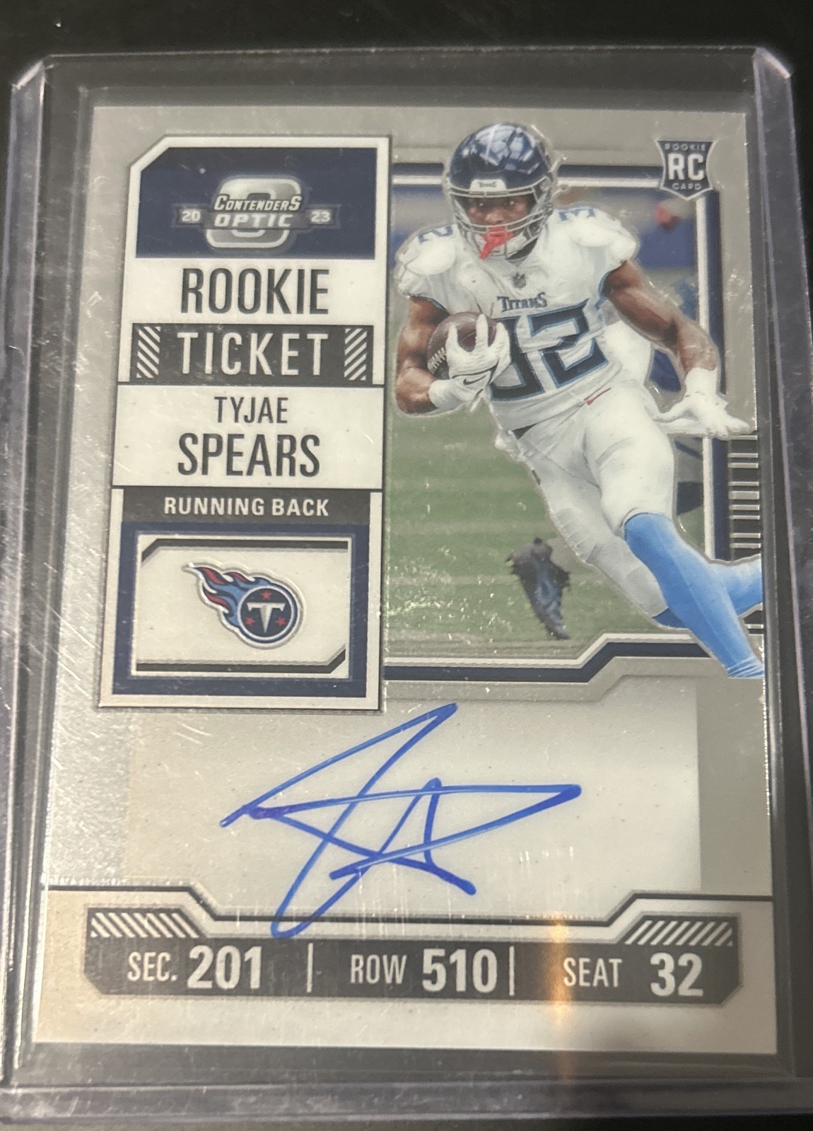 2023 Panini Contenders Optic Rookie Ticket Tyjae Spears #138 Silver Prizm AU, RC