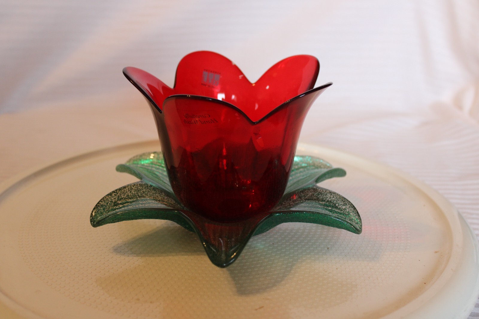 Vintage Vetreria LUX Made In Italy Red Glass Flower Glitter Leaf Candle Holder
