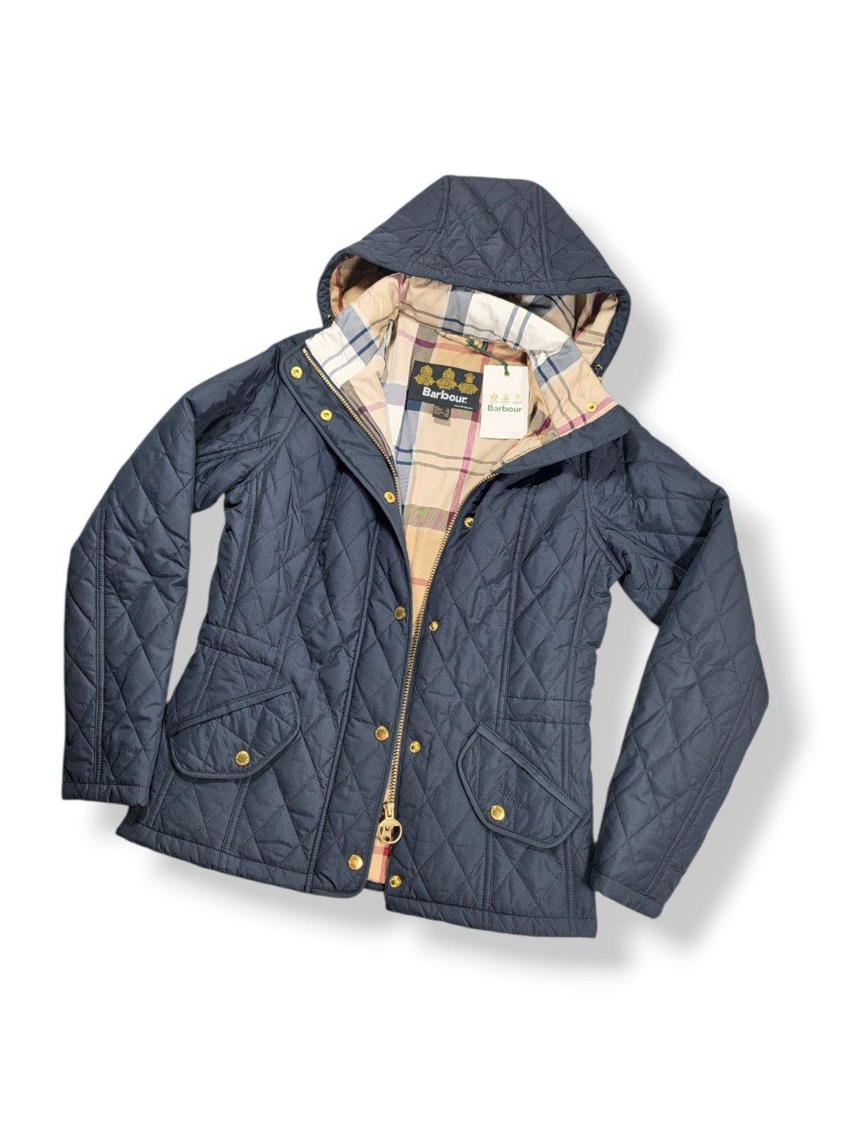 Barbour Millfire Hooded Quilted Womens Jacket Navy Blue/Hessian US Size 6