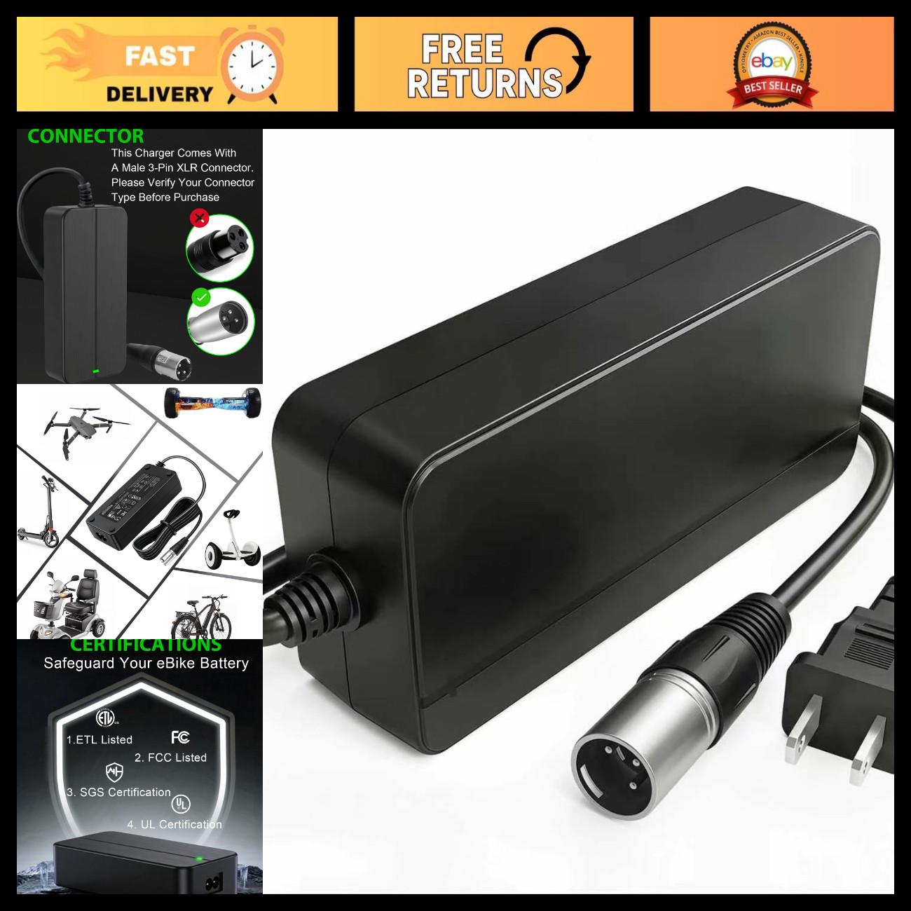 29.4V 2A 3-Pin XLR Charger for Mobility Scooters & Power Chairs, 24V Li-ion Comp