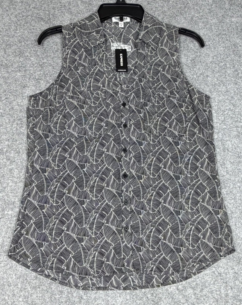 Express Portifino Blouse Womens Small Black White Leaf Button Up Sleeveless NEW