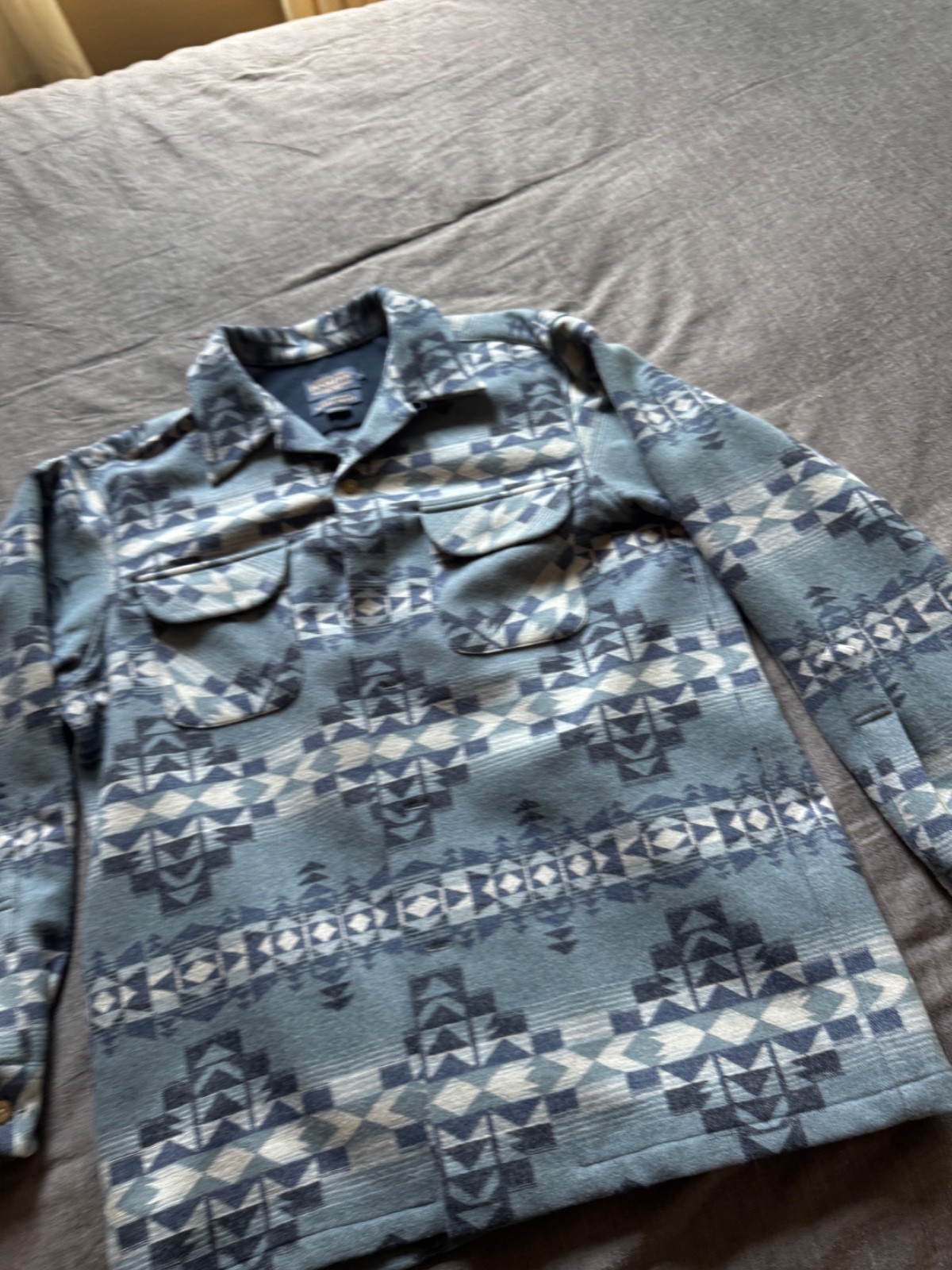 Pendleton Original Board Shirt in a blue patterned wool fabric, men’s size Large