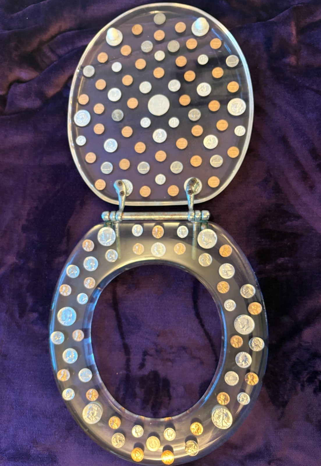 Vintage Novelty 1970\'s Lucite Toilet Seat with Embedded with Real $US Coins