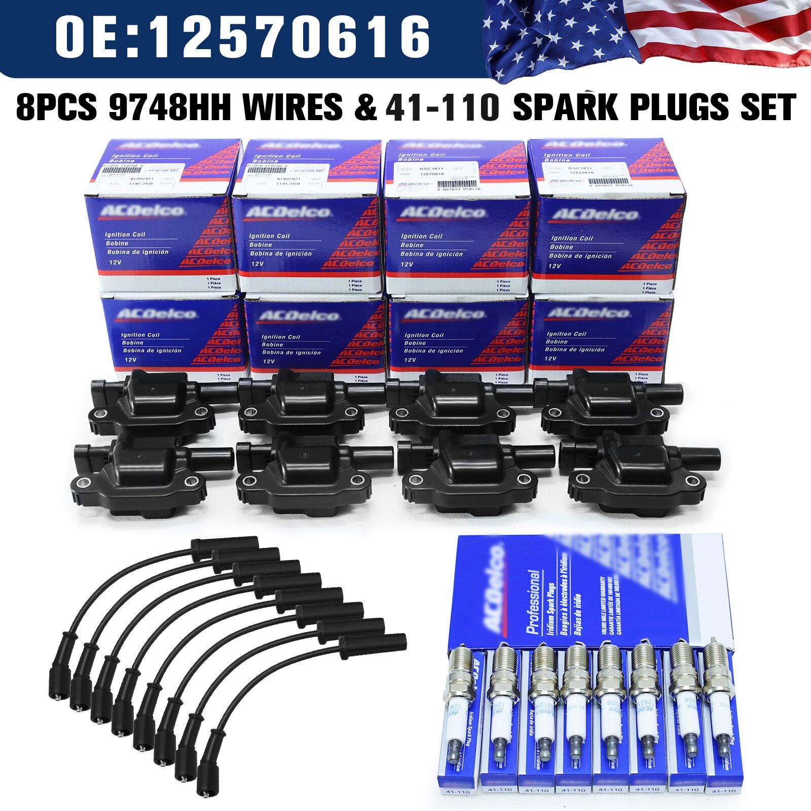 8 PACKS UF413 Ignition Coil + 41-110 Spark Plug+ 9748UU Wire For Chevrolet GMC,