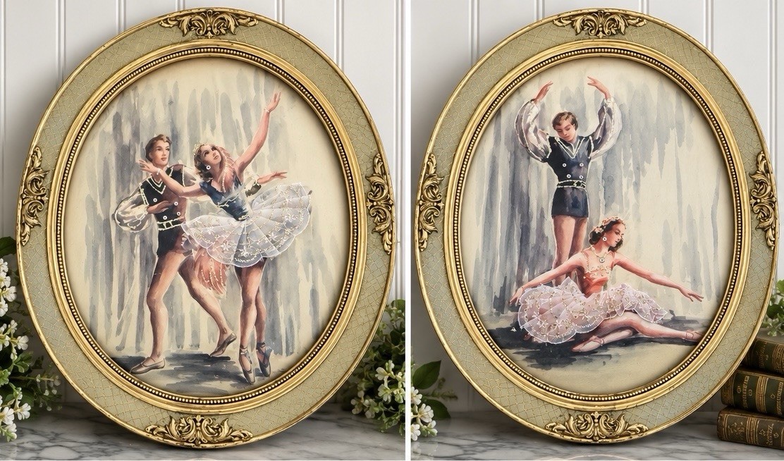 Vintage Andrew Kolb & Son Ballet Dancer Art Pair 16.5” 3D Fabric Oval Frames